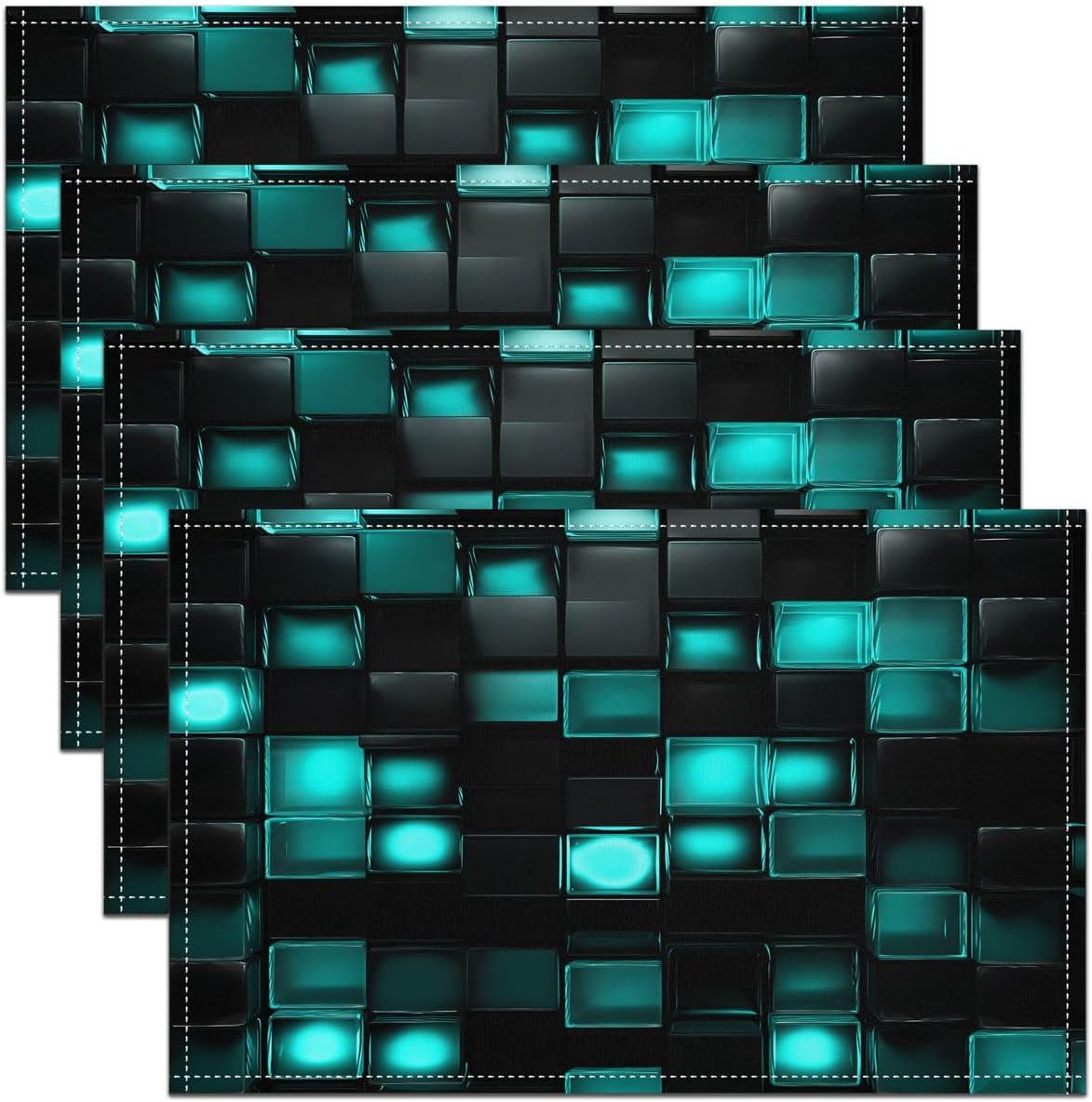 Abstract Lattice Kids Placemats Set of 4,Geometric Check Pixelated Gaming Table Place Mats,Miners Blocks Video Games Kitchen Decor,Black Blue Placemat Kitchen Table Decoration 12"x18" image 5