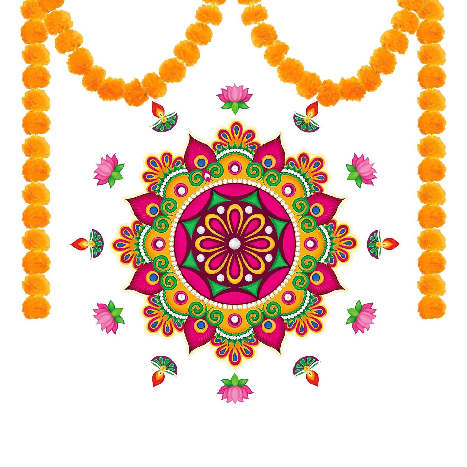 Diwali Decorations Set with 2 Pcs Artificial Orange Marigold Flower Garland & Diwali Rangoli Floor Stickers, Diwali Decorations for House, Indian Theme Decorations Diwali Decor and Gifts