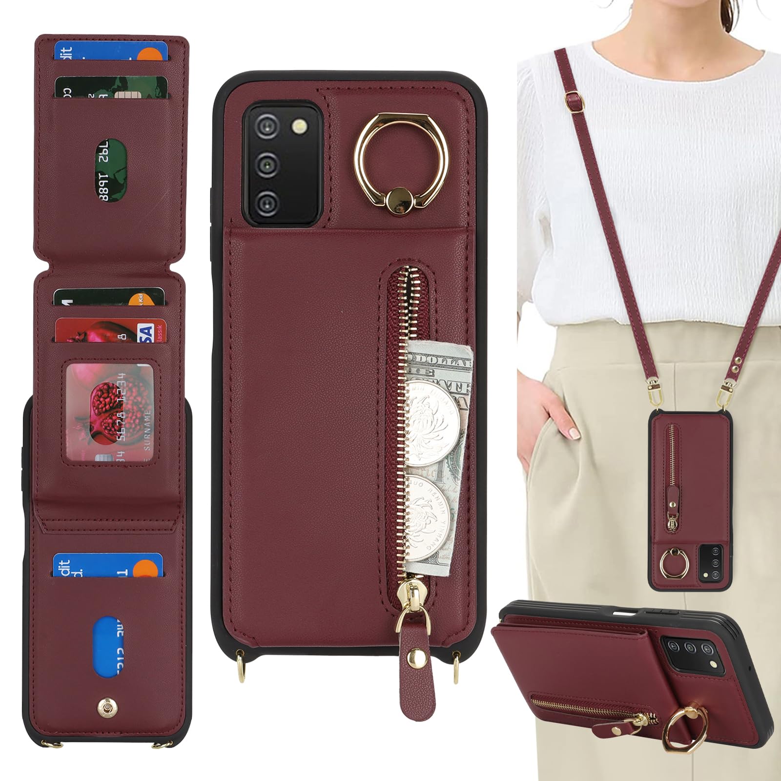 DEYHU for Samsung Galaxy A03s Case with Card Holder for Women,for Galaxy A03s Phone Case Wallet with Strap Credit Card Slots Crossbody with Kickstand