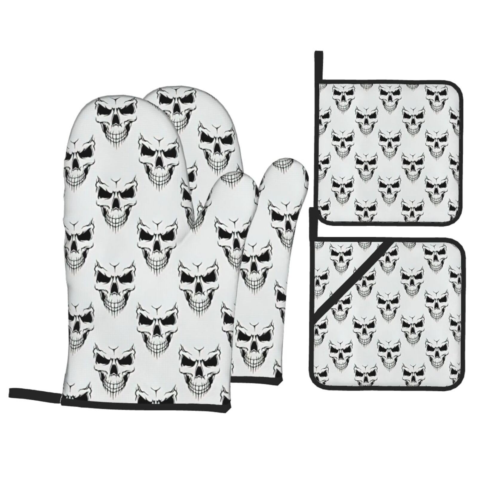 Halloween Themed Monochrome Skeleton Head Print 4-Piece Oven Microwaving Set Waterproof Kitchen Gloves for Baking Grilling Cooking