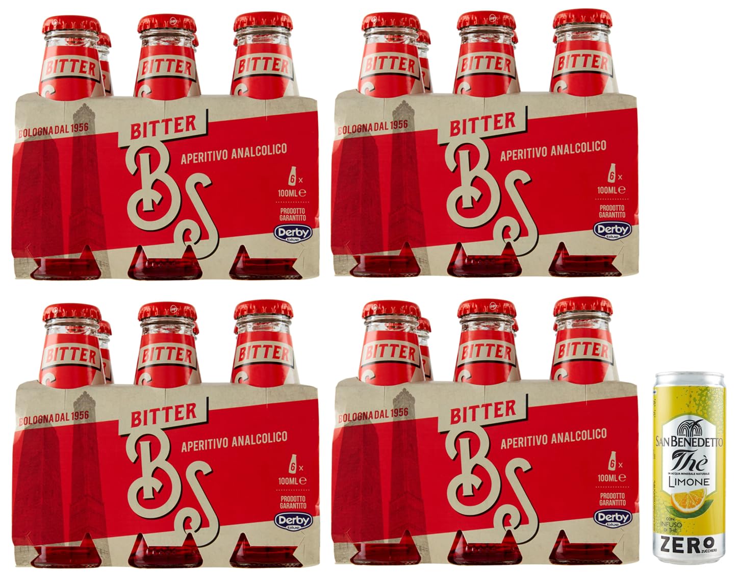 Bitter Salfa Lot de 24 bouteilles jetables en verre pour apéritif italien sans alcool 10 cl + 1 boîte de thé glacé San Benedetto au citron sans sucre 330 ml