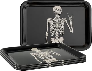 Whaline 3Pcs Halloween Serving Trays Black Skeleton Plastic Platter Serving Dishes Reusable Trays for Party Sharing Snack Fruit Dessert Supplies, 10 x 13 Inch