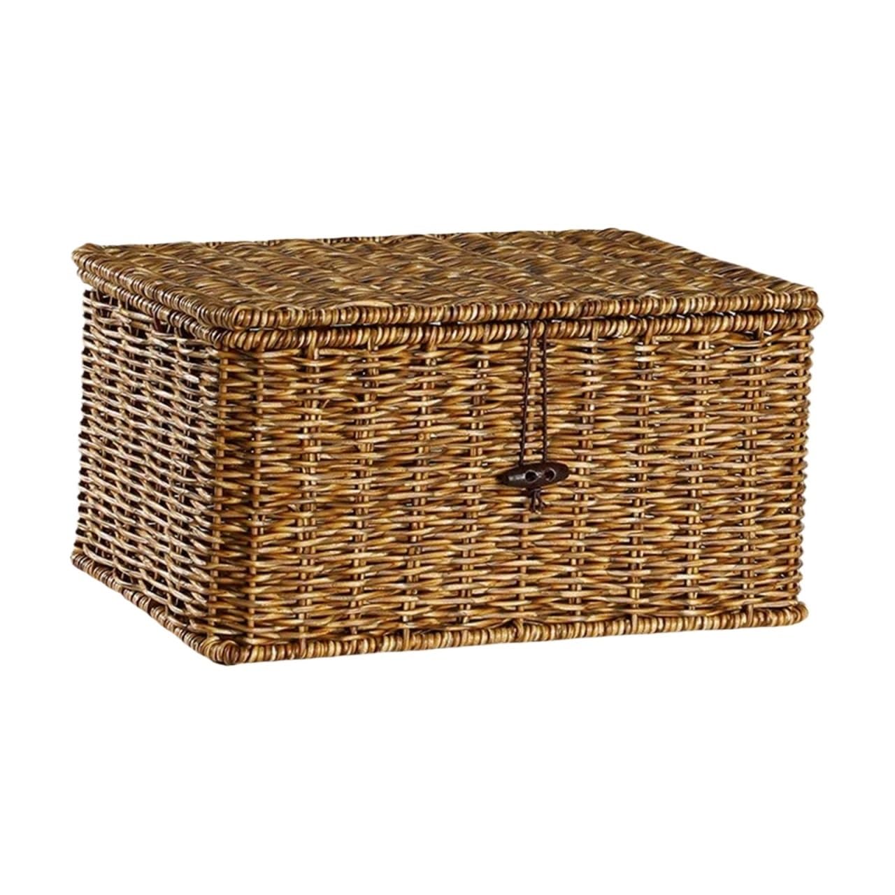 Household Storage Basket Imitation Rattan Woven Box with Lid Dustproof Clothes Sundries Container Desktop Organizer for Kitchen Cupboards(M)