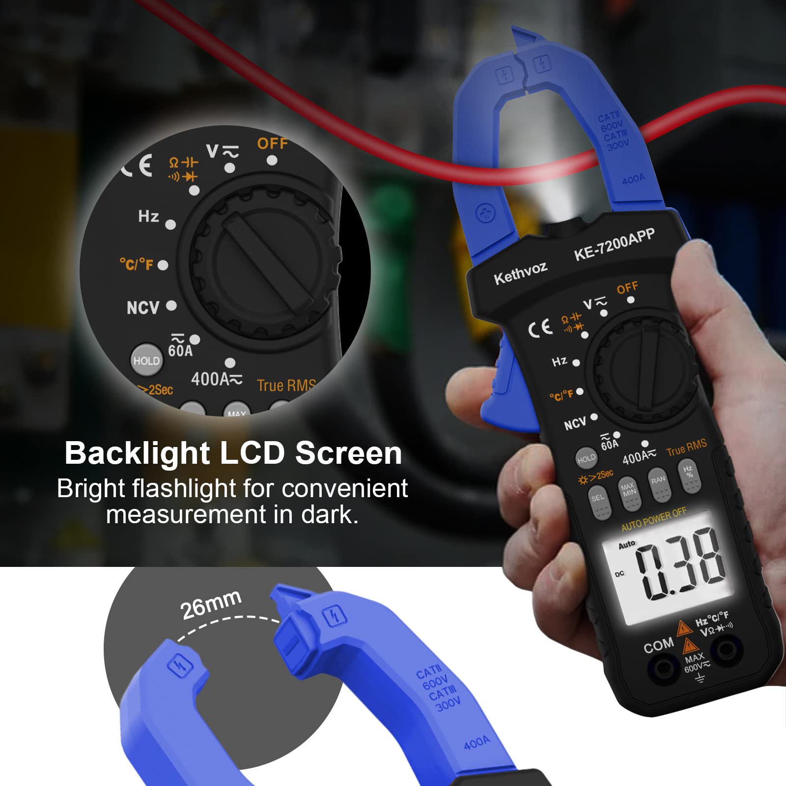 Digitale Pinza Amperometrica 400A CC/CA, Kethvoz Bluetooth Multimetro Professionale Misura AC/DC Elettrica Corrente Tensione Resistenza Capacità, 6000 Conteggi Amperometro KE-7200APP