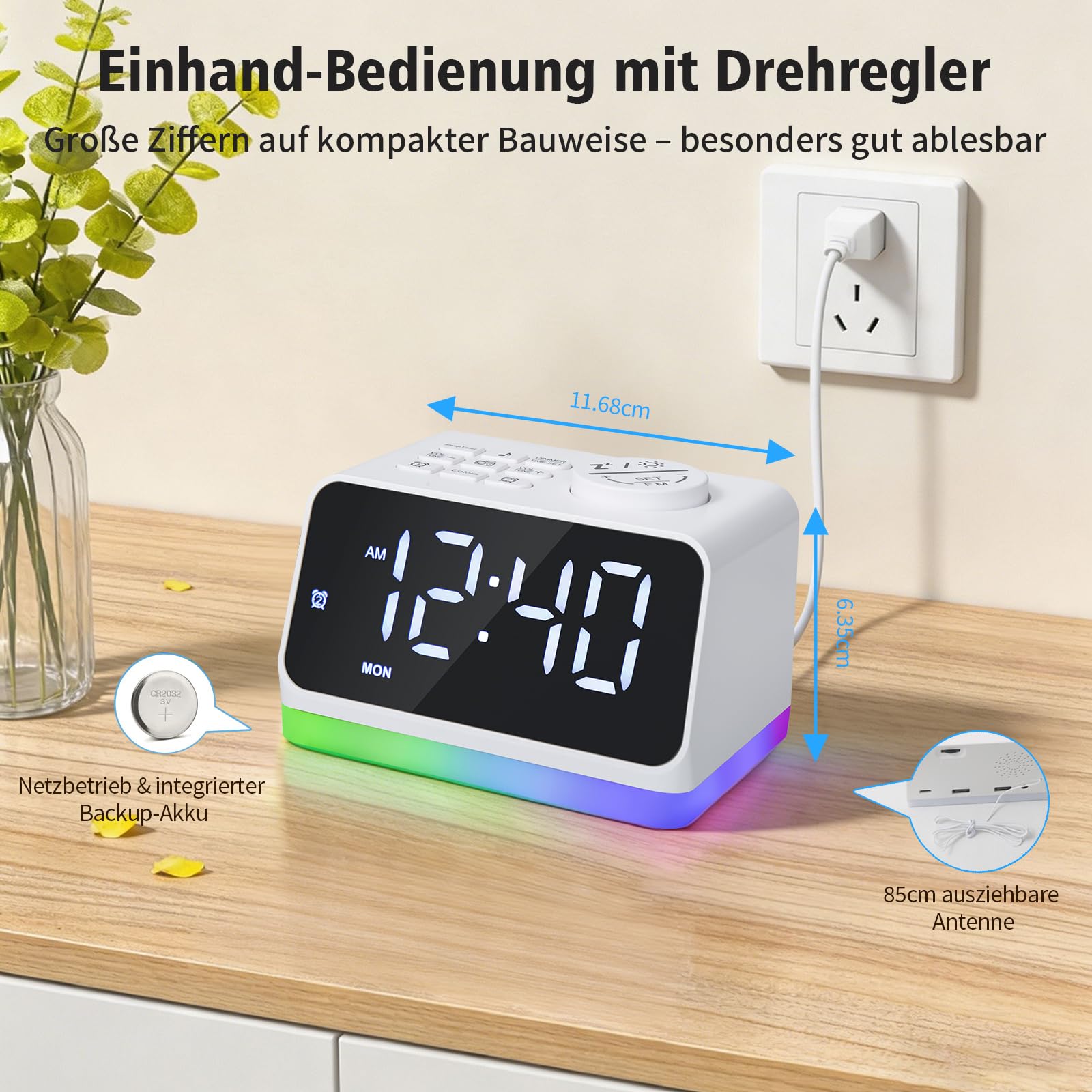 Radio-réveil numérique pour chambre à coucher - Veilleuse 8 couleurs (0 à 100 % à intensité variable), double alarme avec 7 sons d'alarme, minuterie de sommeil flexible (10 à 480 min), 2 ports de