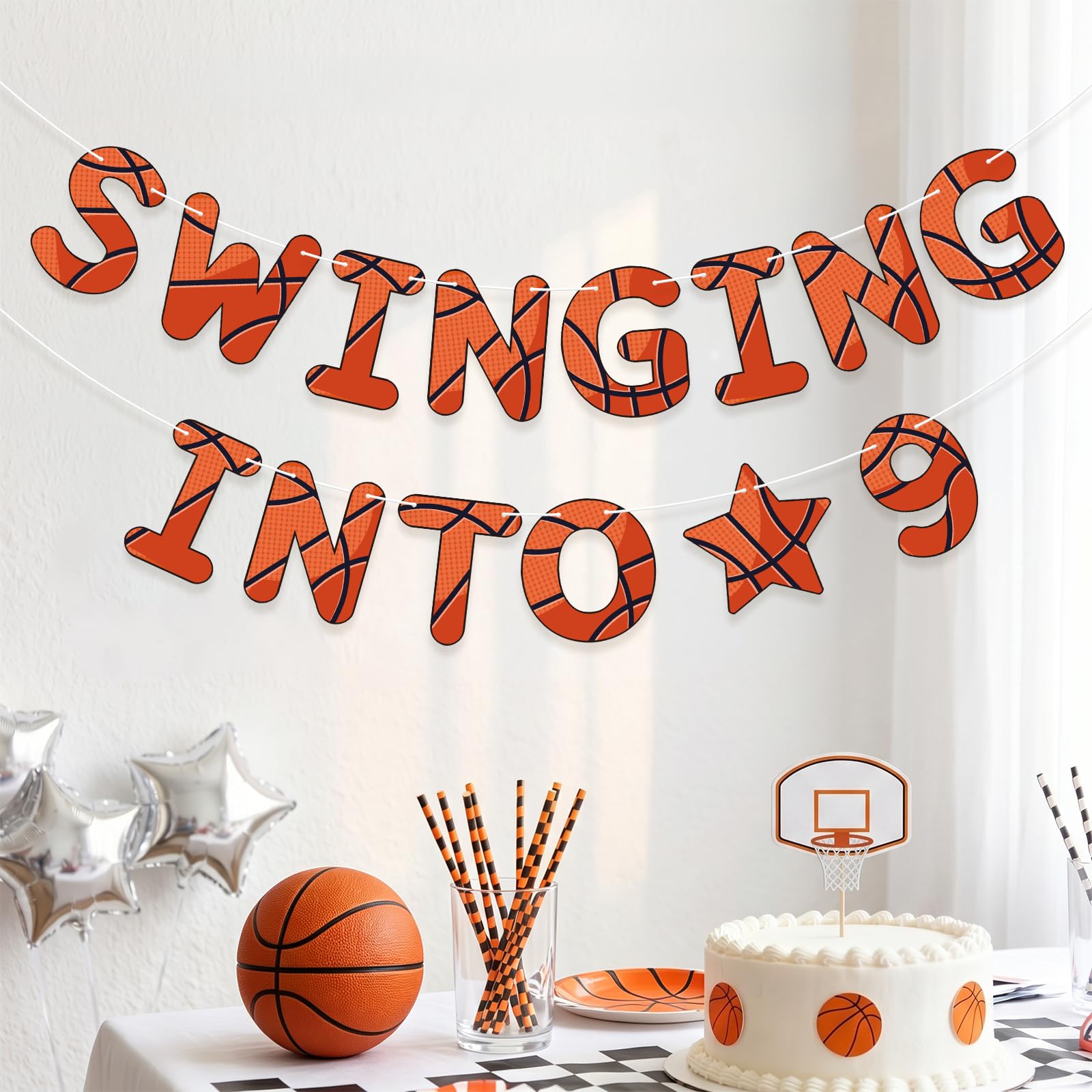 Basketball Theme 9th Birthday Banner, Pre-Strung Hanging Swinging Into 9 Party Decorations Banners for Boys Girls Indoor Outdoor Celebration Supplies