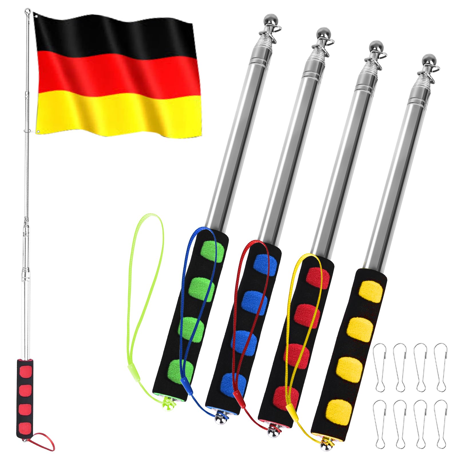 Asta Telescopica Per Bandiera In Acciaio Inox Da 2.45m Con 4 Ganci - Per Guide, Insegnanti E Campeggio