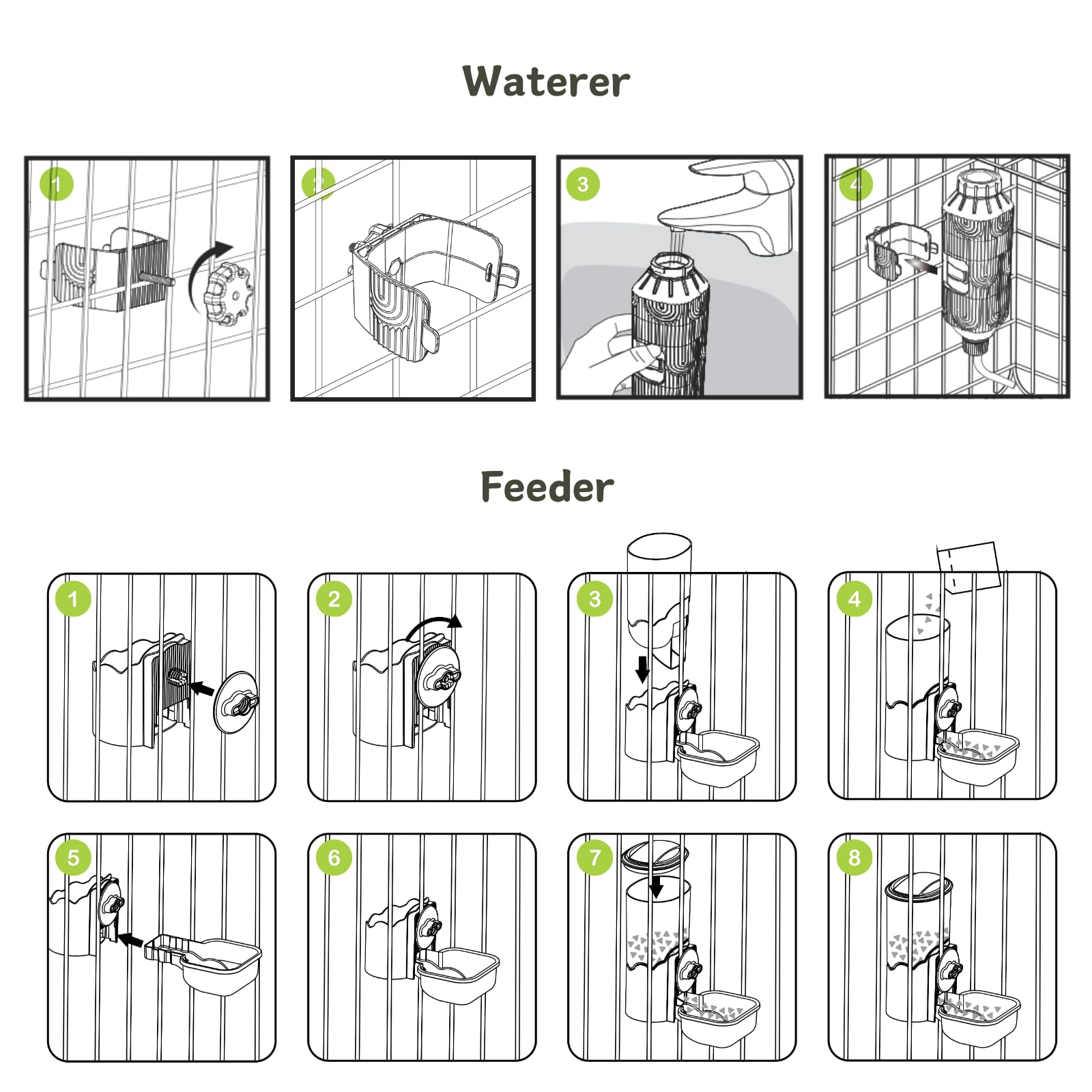 Automatic Pet Food Water Dispenser, Auto Gravity Pet Feeder Water Bottle Set for Cage, Feeding Station for Puppy Kitten Rabbit Guinea Pigs Chinchilla Ferret Hedgehog (Green)