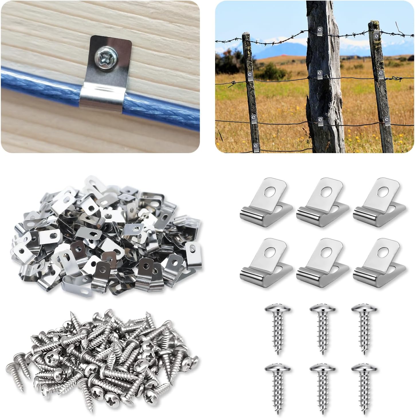 Agricultural Fencing Mounting Clips, Stainless Steel Wire Clips with Screws for 12-16 Gauge Wires, Silver (100)