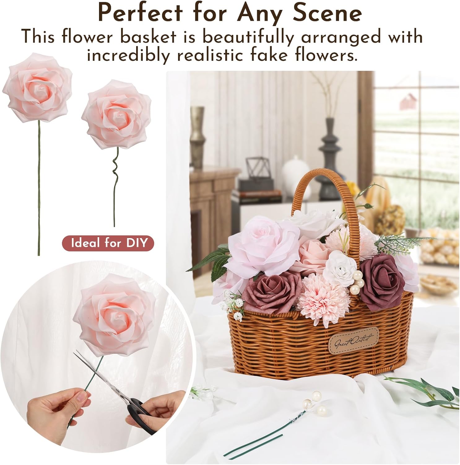 Artificial Flowers Combo Dusty Pink White Roses with Stems Leafs Bouquets Bridal Wedding Shower Decorations Fake Floral for Party Table Centerpieces