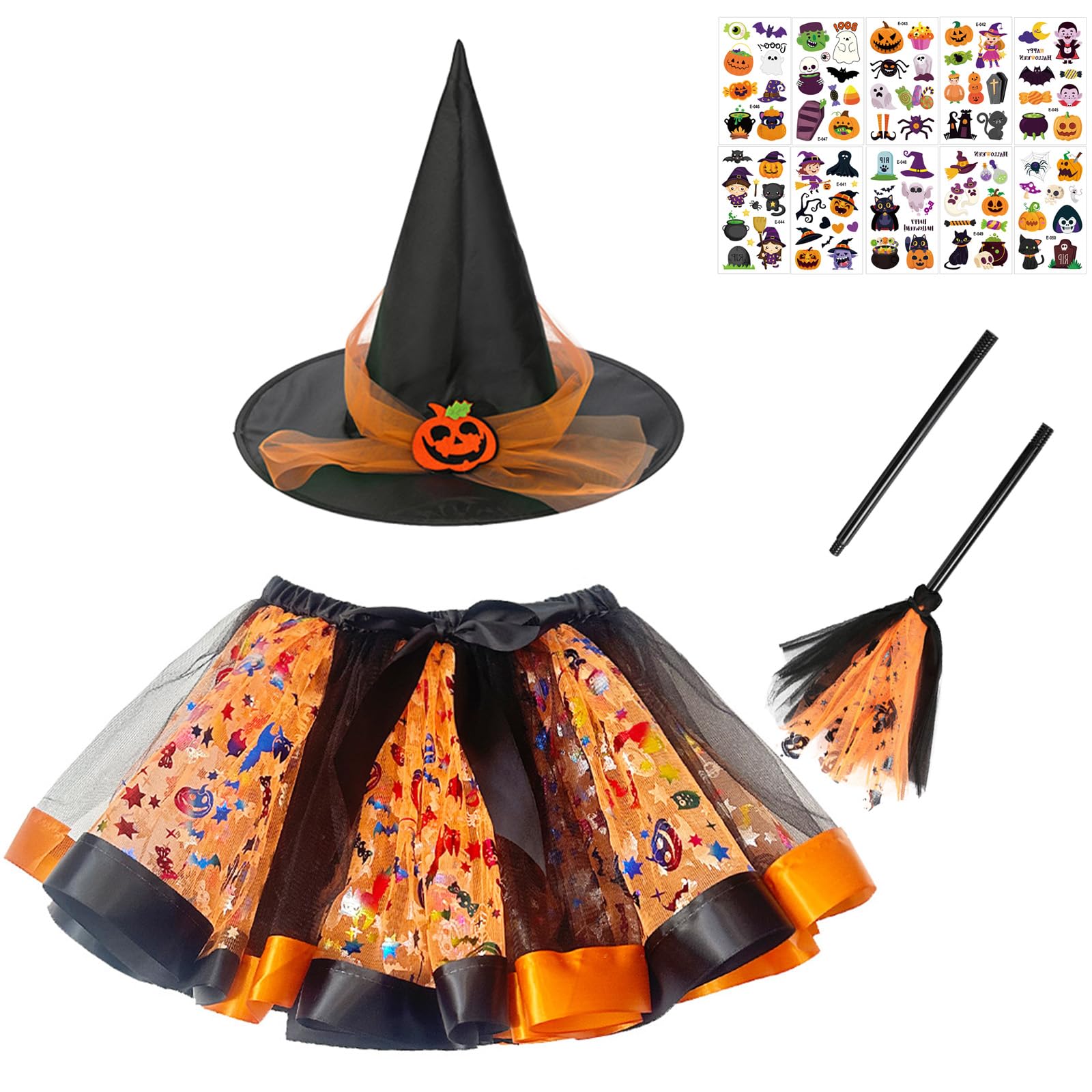 Meriviva Halloween Witch Costumes Girls, Witch Tutu Skirt Costume With Hat Broom Sticker, Purple Bat Orange Pumpkin Halloween Cosplay Carnival Party Costume (Orange, S)