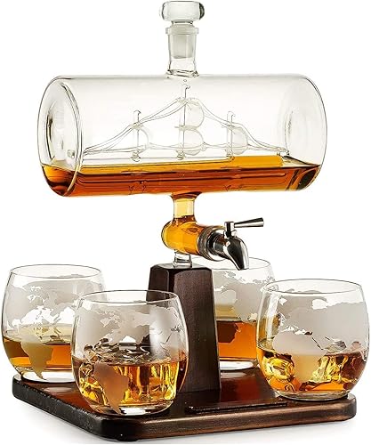 Miniatura 1 de Decantador de whisky y vino con barco antiguo juego de decantadores de barco sabroso con 4 vasos de globo dispensador de bebidas para vino whisky
