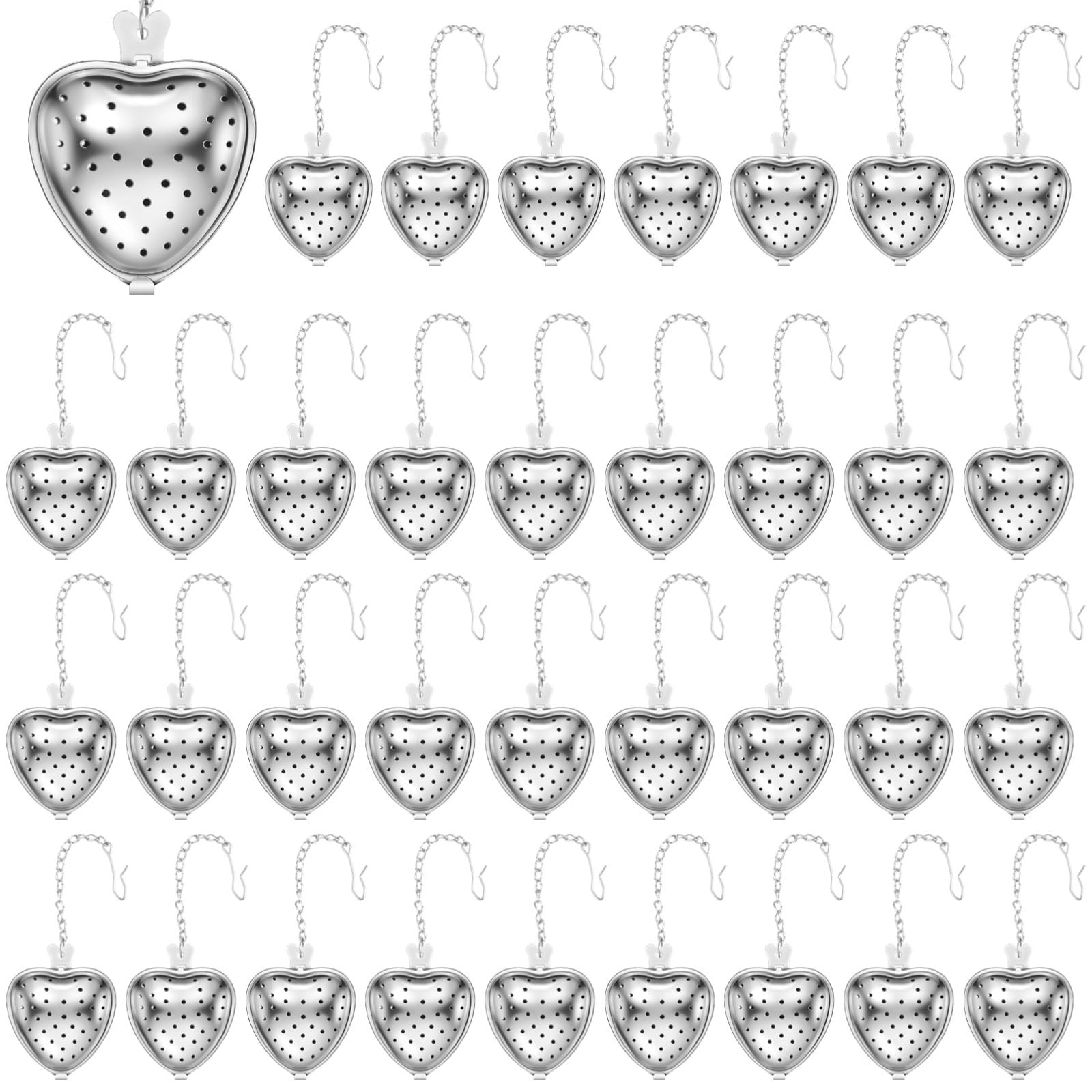 50 Stk. Teesiebe, Edelstahl-Teekugelfilter, Teesieb für losen Tee, Tee-Infusionsdiffusor, herzförmige Netz-Teefilter mit verlängerter Kette und Haken