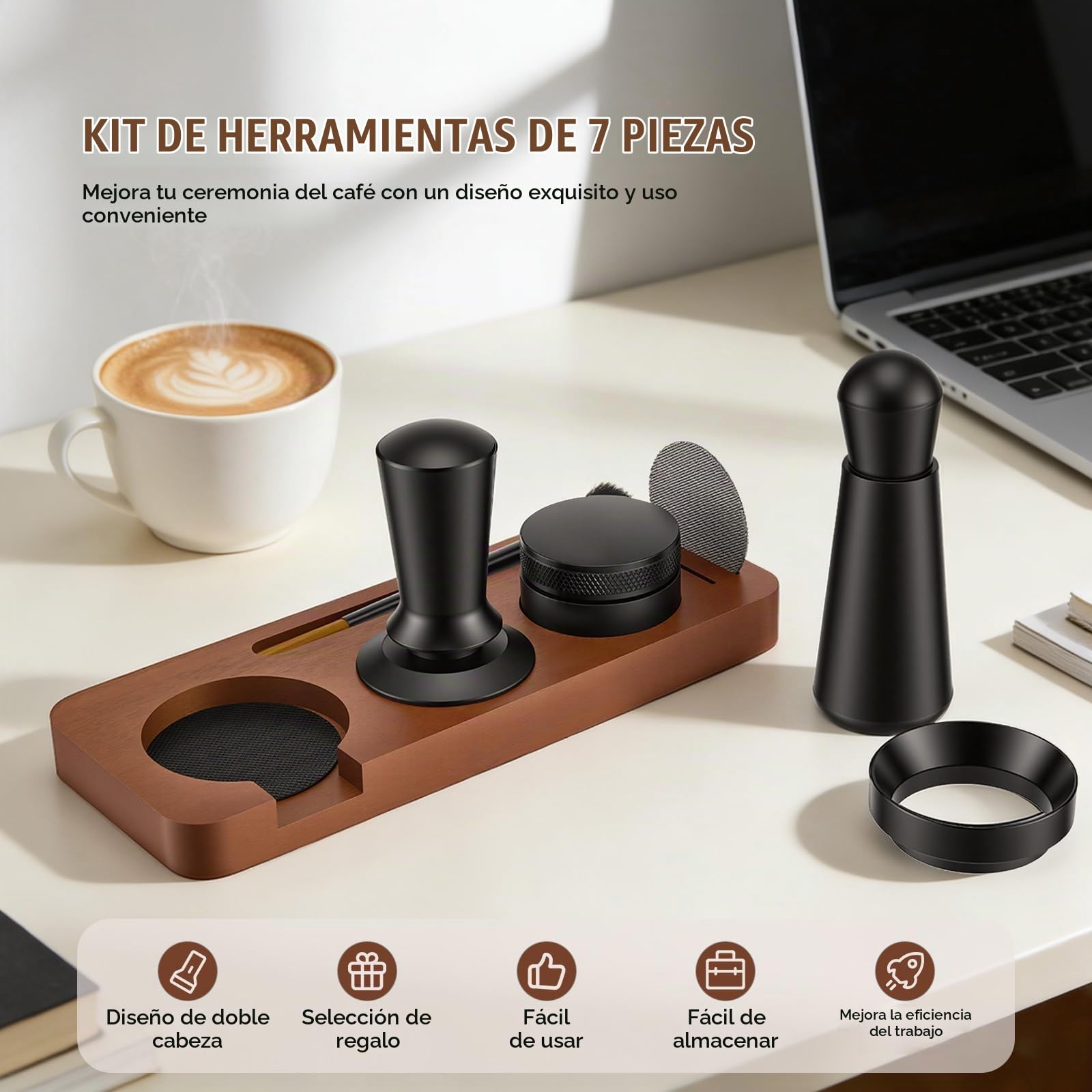 Set completo de 7 herramientas de espresso de 51 mm con estación de tamping, distribuidor, herramienta WDT, anillo dosificador, pantalla de tamizado, cuchara y cepillo de limpieza: accesorios