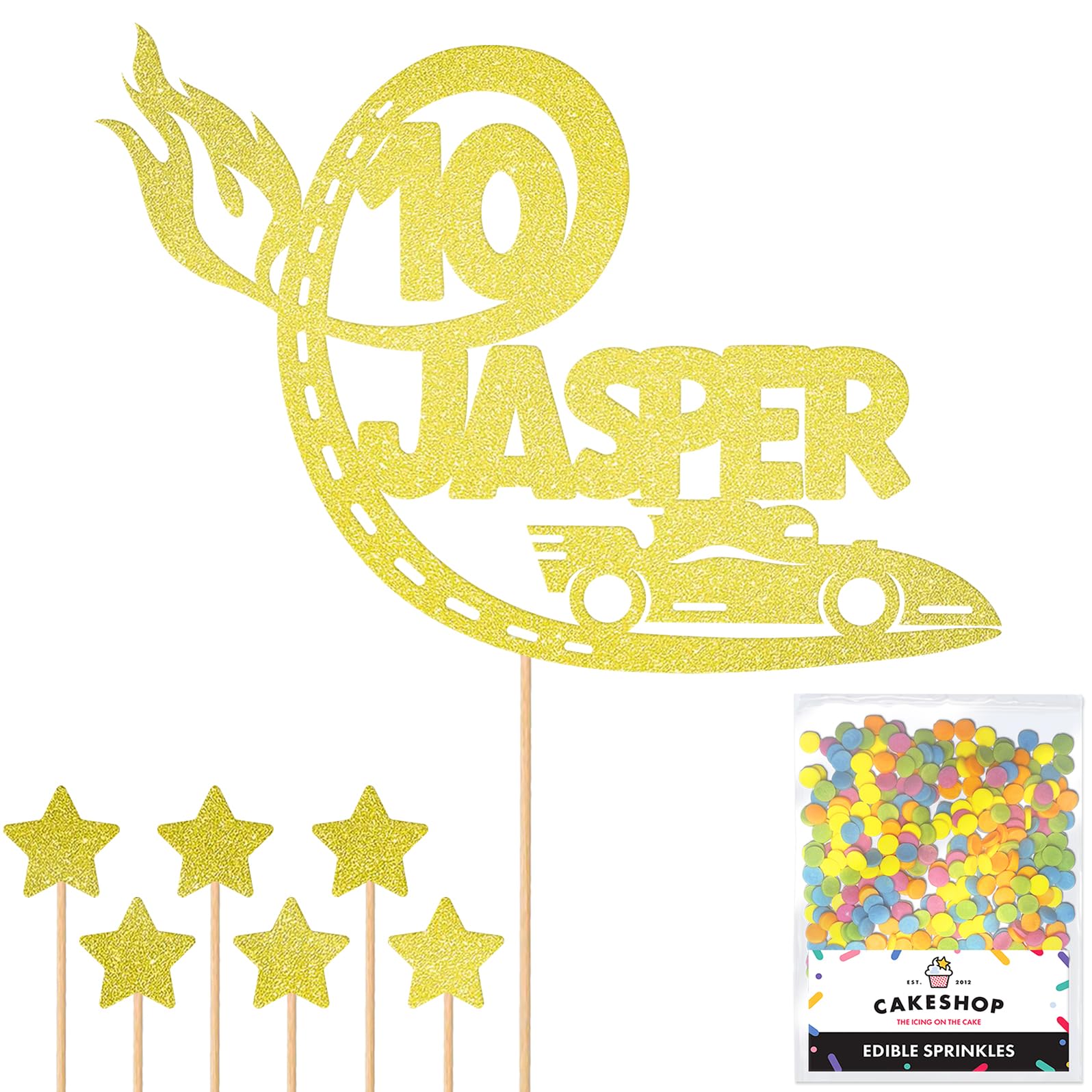 Personalised F1 Motor Racing Car Glitter Cake Topper - Champagne Custom Age & Name Glitter Cake Decoration and Sprinkles - Happy Birthday Decorations - Personalised Toppers for Cakes by Cakeshop