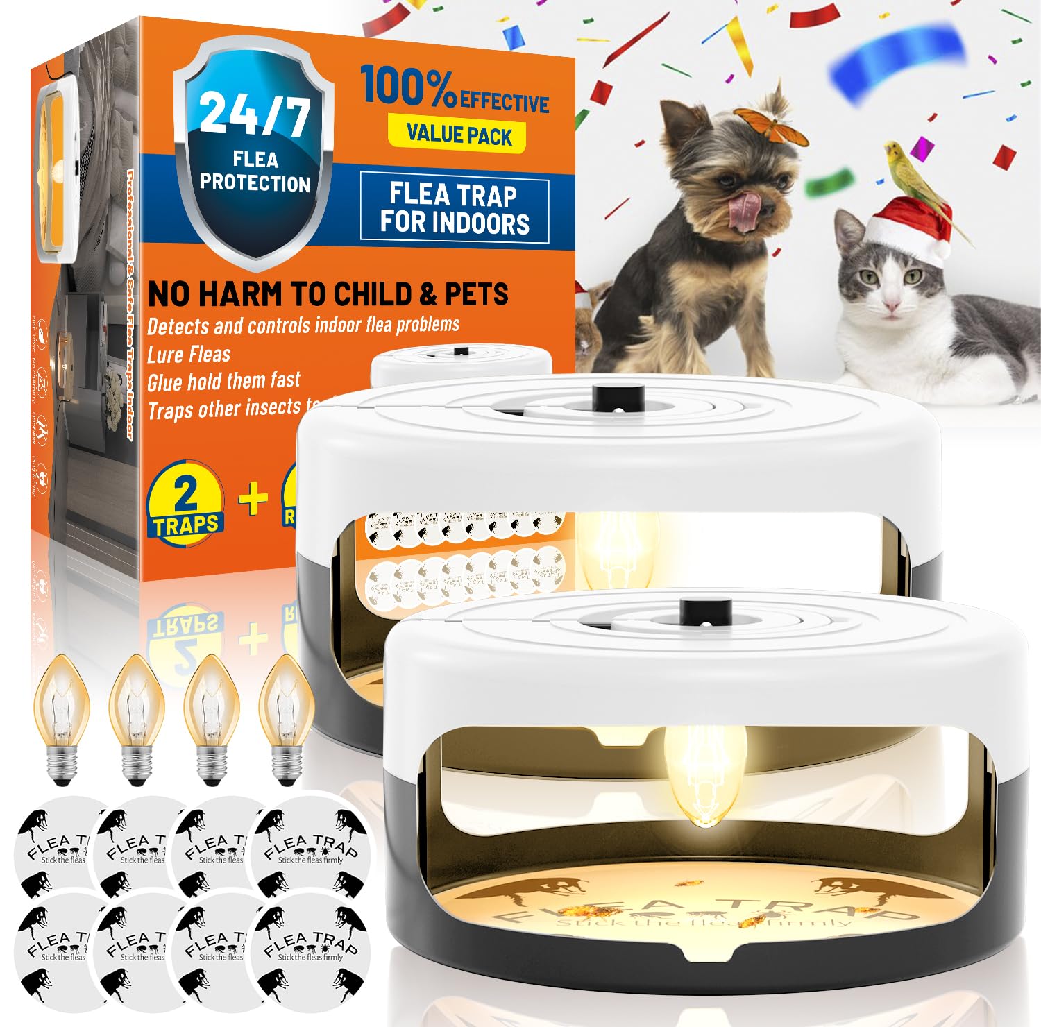 2 Pack Flea Traps for Inside Your Home with 8 Sticky Disc & 4 Bulbs & 2 Electric Wires, Flea Killer Indoor Bed Bug Trap Pest Control, Non Toxic & Harmless, Friendly to Pets & Kids