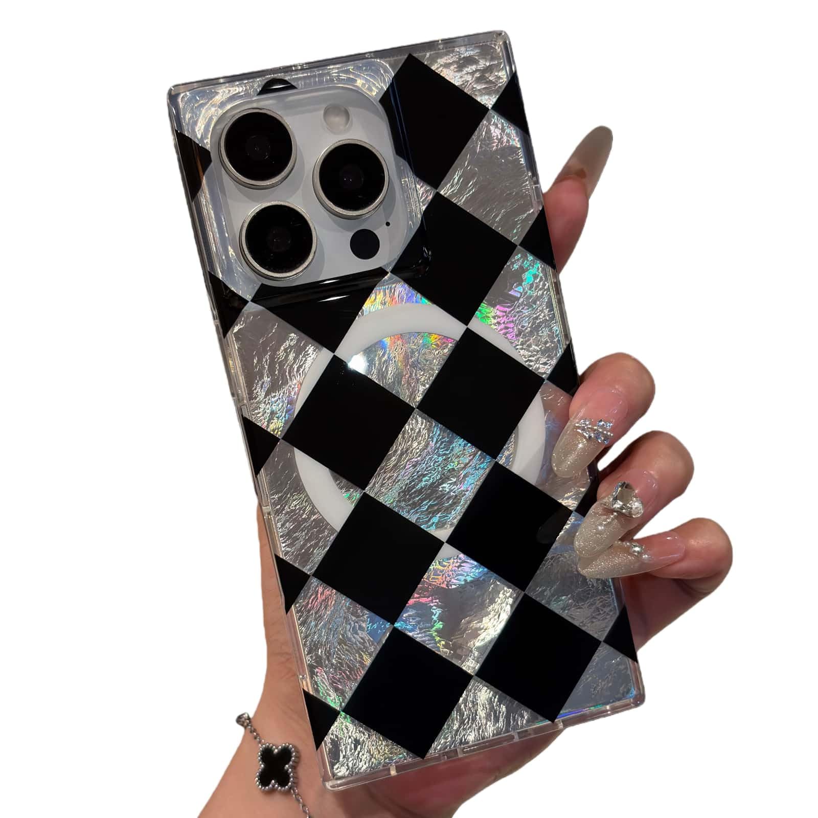 RoyMonkey Checkered Magnetic Case for iPhone 15 Pro Max Compatible with Magsafe - Aesthetic Rectangular Diamond Checkerboard Pattern - Glossy