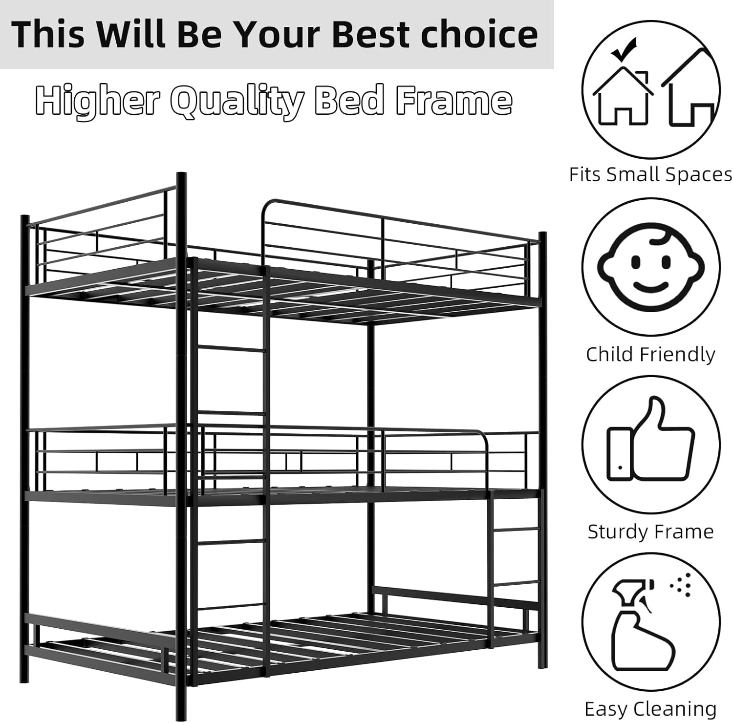 Metal Triple Bunk Bed for 3, Heavy Duty Twin Over Twin Over Twin Bunkbeds with Built-in Ladder and Full-Length Railing, Family-Friendly for All Ages, Bedroom, Apartments, Black