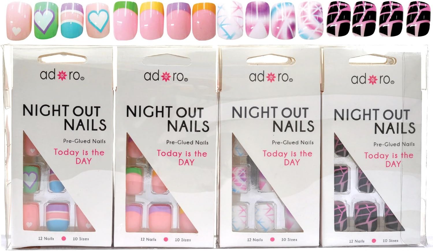 Adoro Night Out Nails 4 designs Pre-Glued Nail Tips Set of 12 in Style #10,1 Dozen Pack