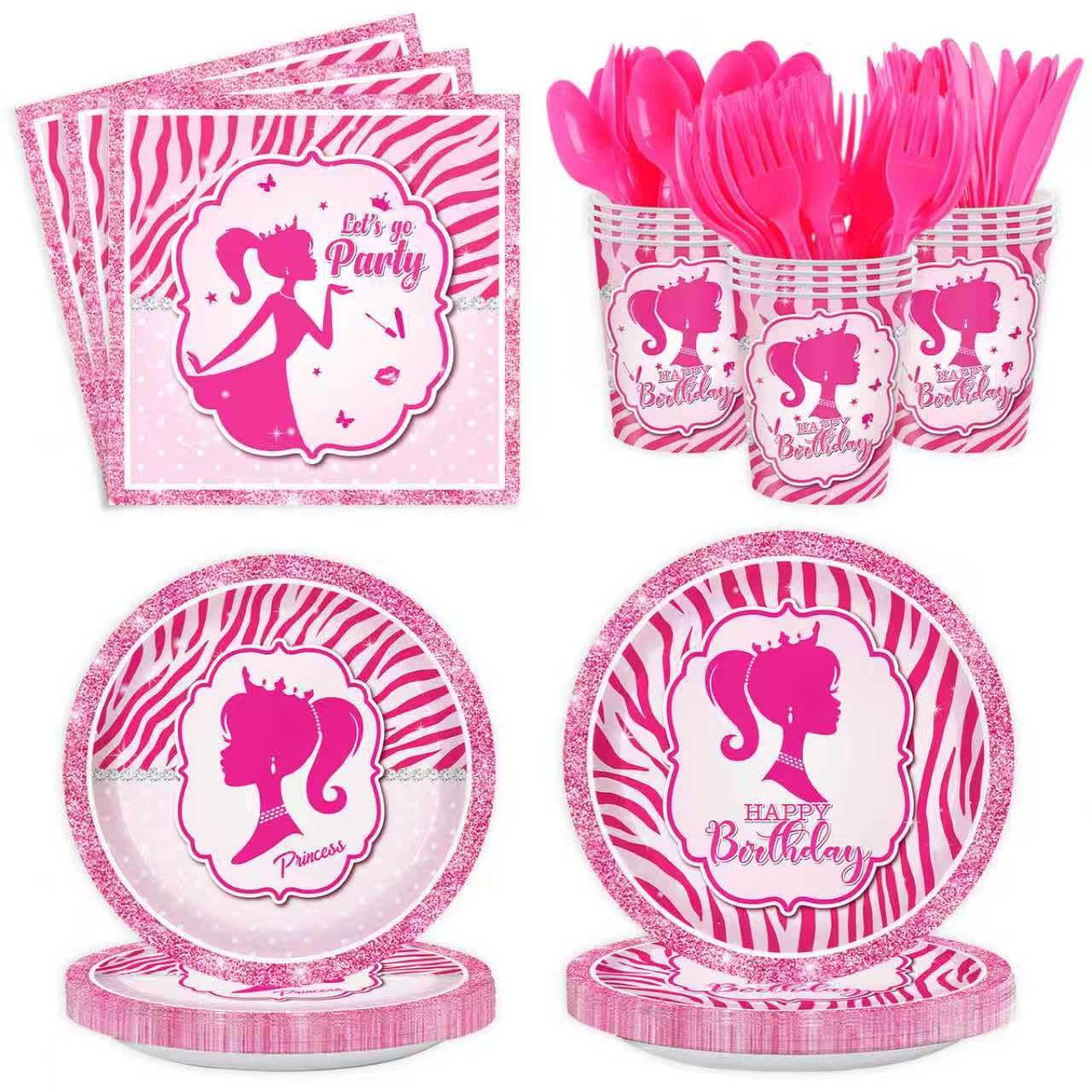 Pink Princess Party Supplies Kit for 24 Guests - 168 Pcs Disposable Tableware Set Includes Plates, Napkins, Cups & Cutlery for Girls Birthday Party