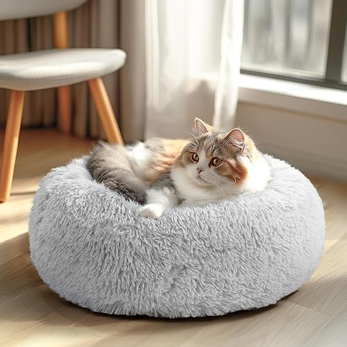 Veehoo Cama calmante en forma de dona para gatos pequeños y perros, cama redonda para gatos y perros pequeños, antiansiedad, esponjosa, de felpa