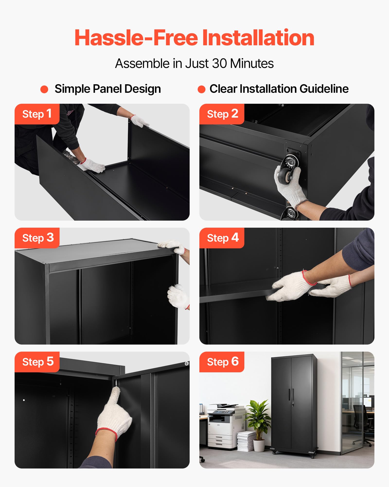 VEVOR Armoire Métallique 184,5 cm 5 Niveaux, Meuble de Rangement en Acier Verrouillable, pour Outils Atelier Bureau, sur roulettes, avec 4 Étagères Réglables, 2 Portes Magnétiques et 2 Clés, Noir