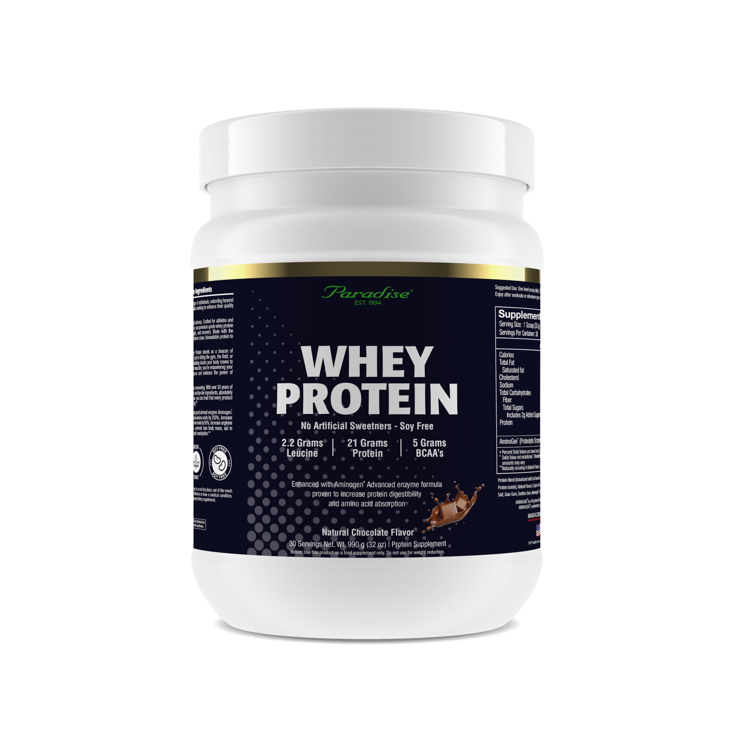 Paradise Herbs Whey Protein Powder, Chocolate, 21g Protein, 30 Servings
