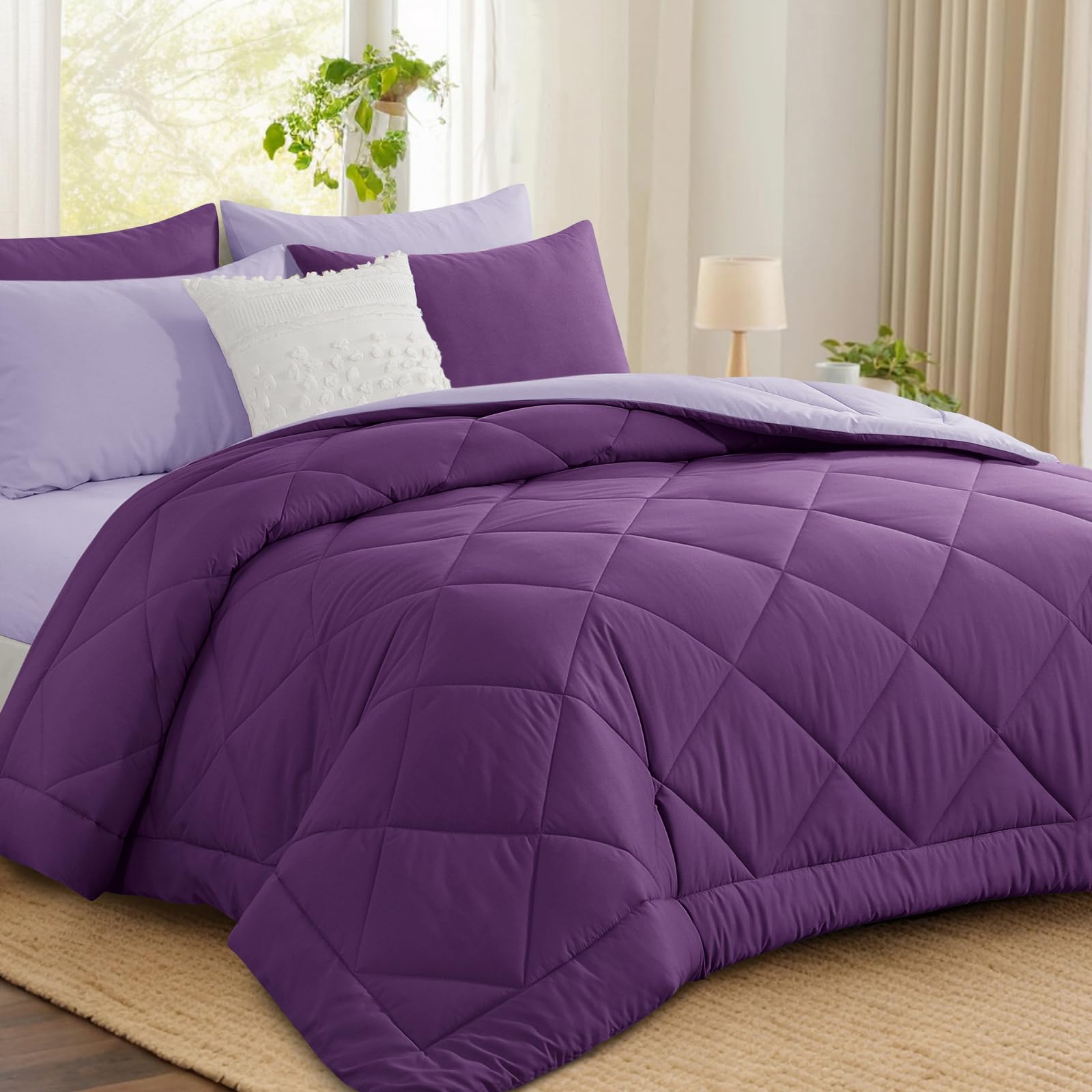 Aisbo Coverless Duvet Double 10.5 Tog - 200x 200cm, Purple Cosy and Lightweight Quilt, Reversible Comforter with 2 Pillowcases, Purple/Lavender Purple — image 1