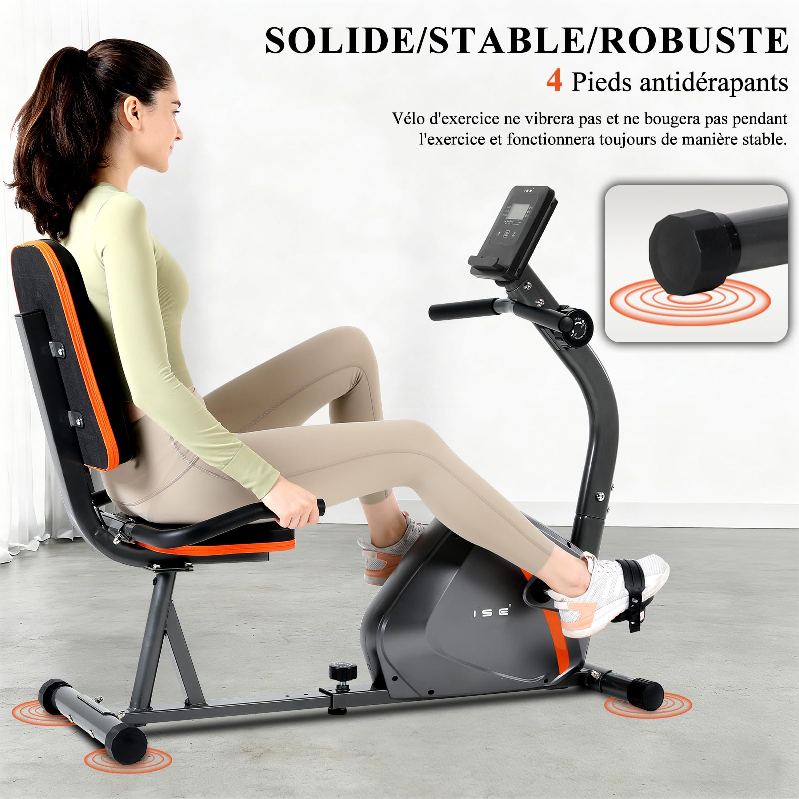 ISE Vélo d'Appartement Semi-Allongé Vélo Couché avec Frein Magnétique, Roues de Transport, Capteurs d'Impulsion, l'Ecran LCD, 8 Niveaux de Résistance Réglables, Velo d appartement Semi Allongé