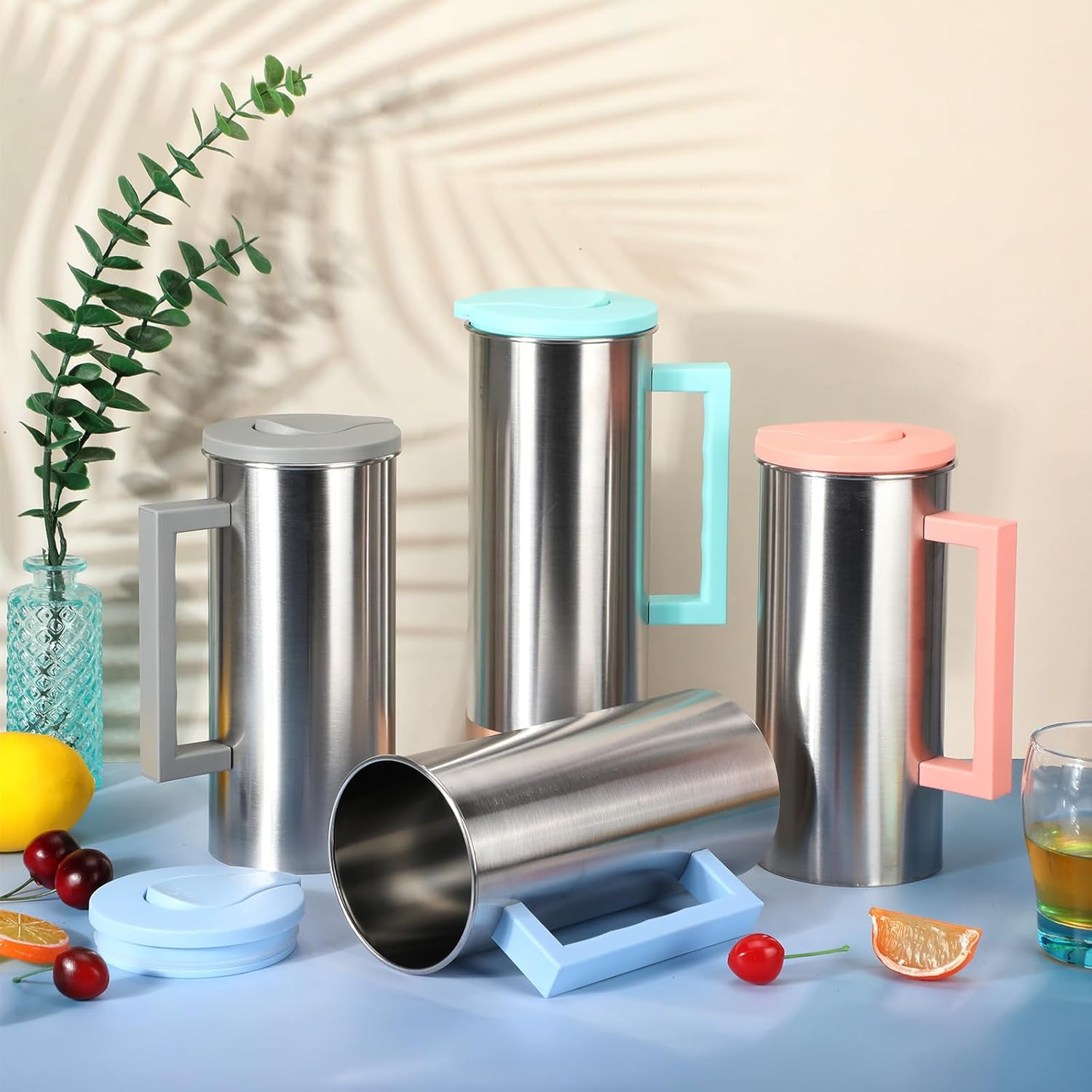 4 Pcs Stainless Steel Water Pitcher with Lid 55oz Metal Jug Cold Water Kettle, Keeps Drinks Cold for Hours, Insulated Pitcher for Fridge, Dishwasher Safe (Pink,Blue,Green,Grey)