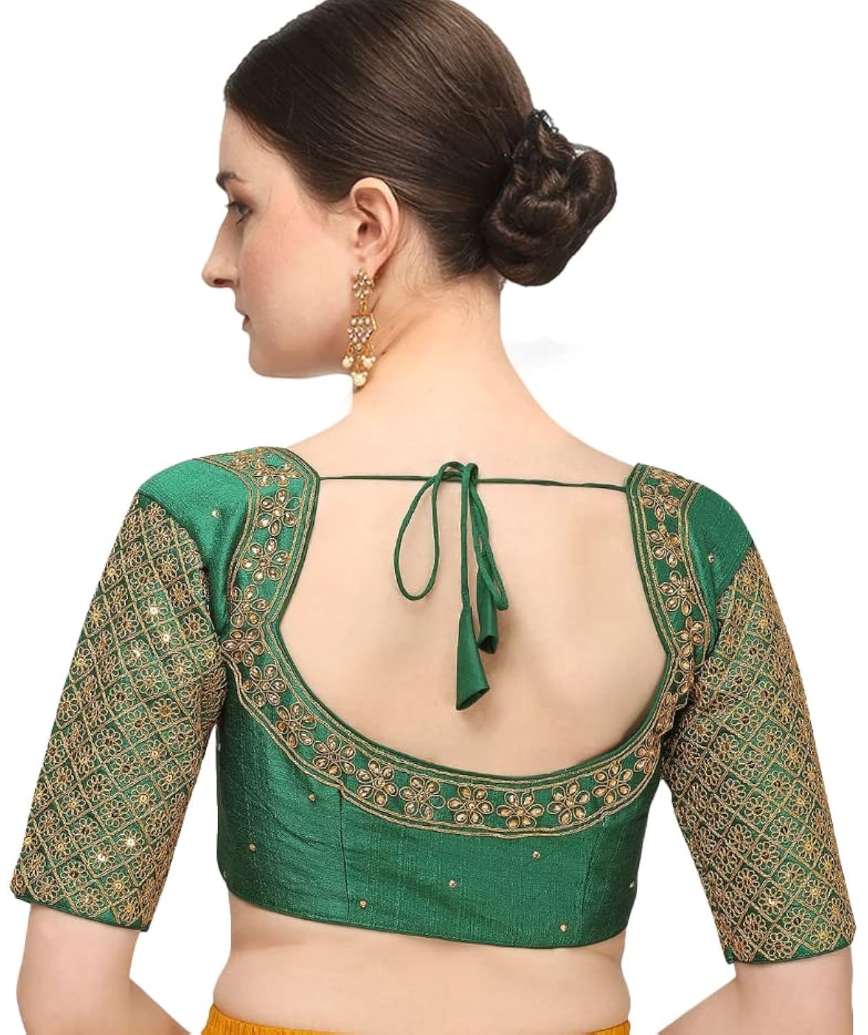 Pujia Mills Women's Phantom Silk Floral Half Sleeve Saree Blouse Women's Readymade Blouses Embroidery Multi Coding Gold Thread Indian Ethnic Designer Stitched Readymade Saree Half Sleeve Blouse