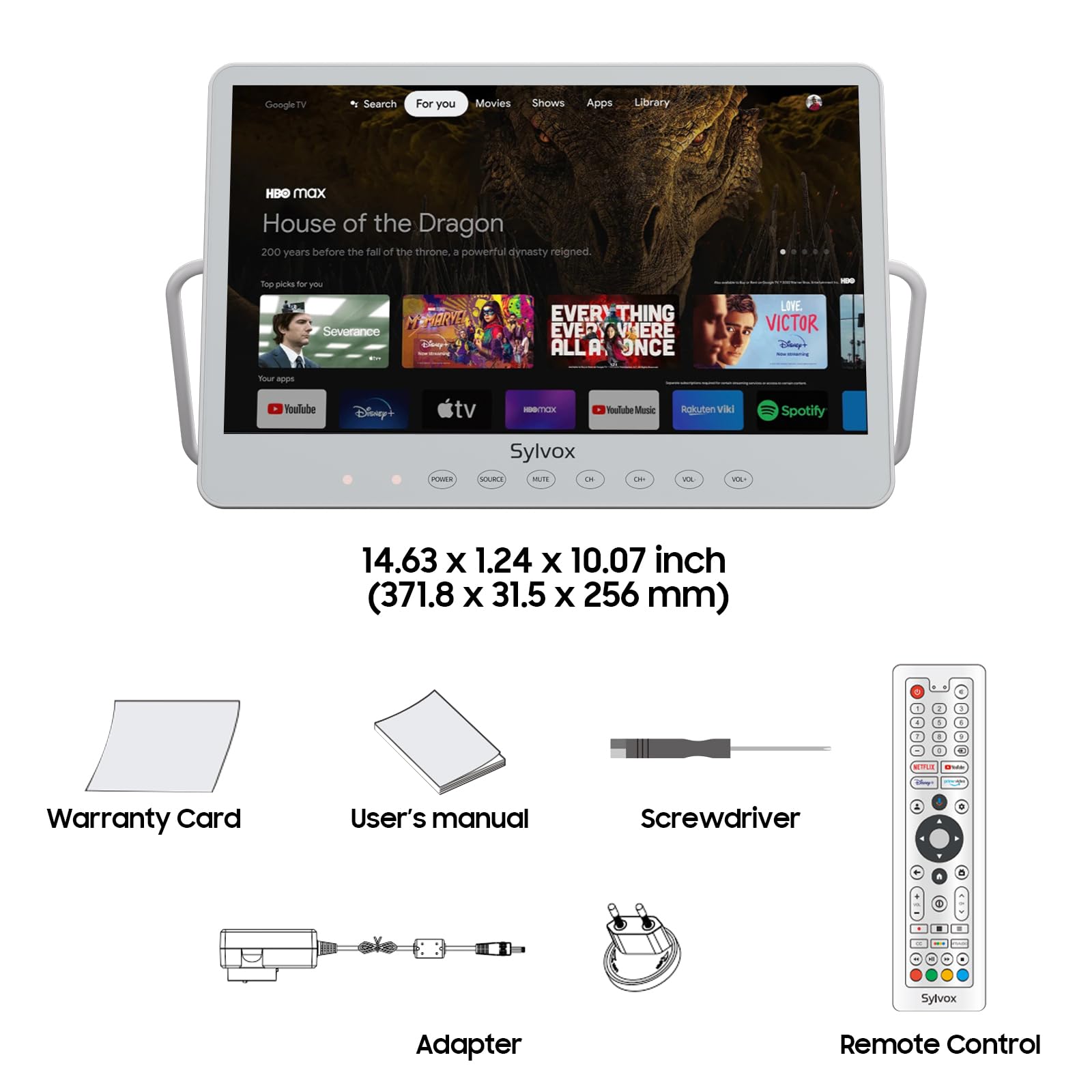SYLVOX Televisor portátil de 15,6 pulgadas | Google TV, batería de 10000 mAh (6 h de tiempo de funcionamiento) | IP66 resistente al agua | USB, WiFi, Bluetooth | 12 V pequeño televisor exterior para
