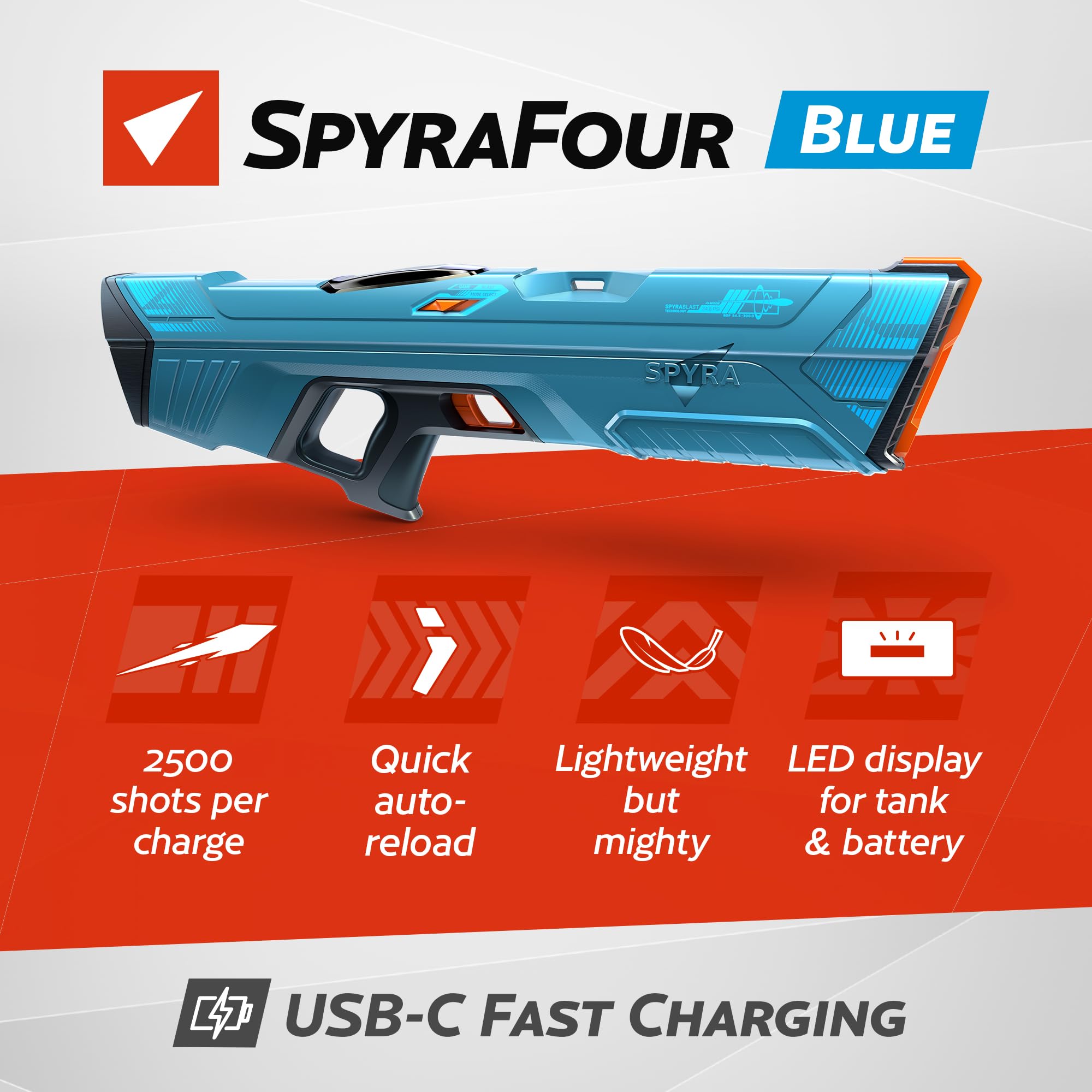 Spyra Electric Water Gun with Single Shot Technology, Premium Water Blaster with Automatic Recharge, TFT Display, 5 Blast Modes and 3 Game Modes, Long Range, Outdoor Water Toy