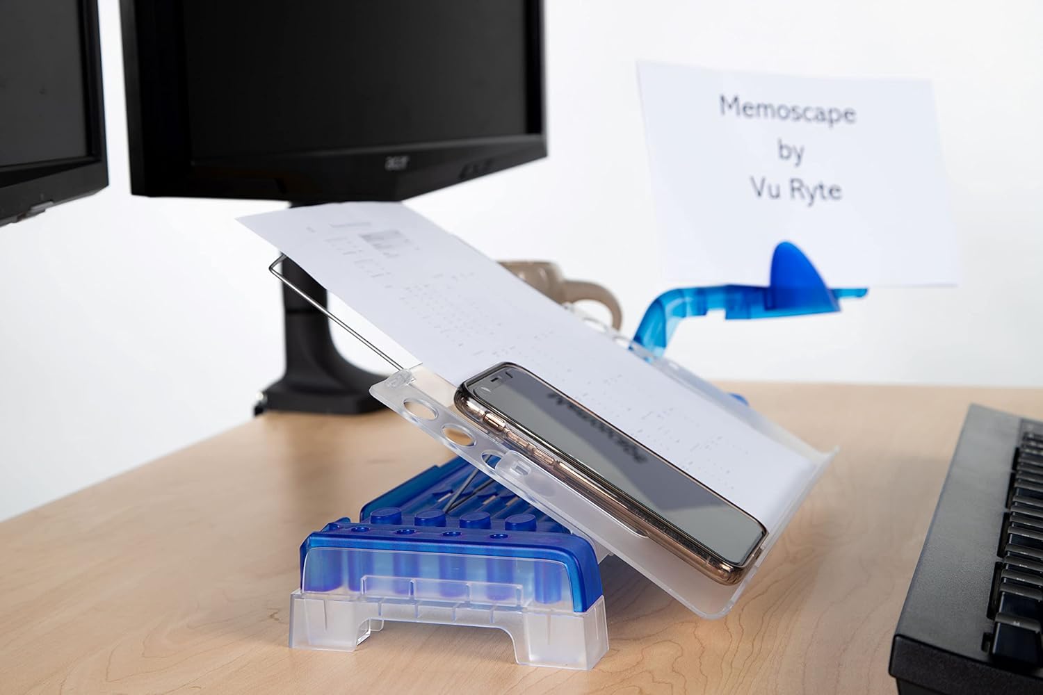 MemoScape Adjustable in-Line Document Holder for Typing | Reduces Neck Strain, Improves Focus, Boosts Desk Organization, and Workflow | Paper Holder Stand for Desk and Home Office - Blue (VUR 3020)