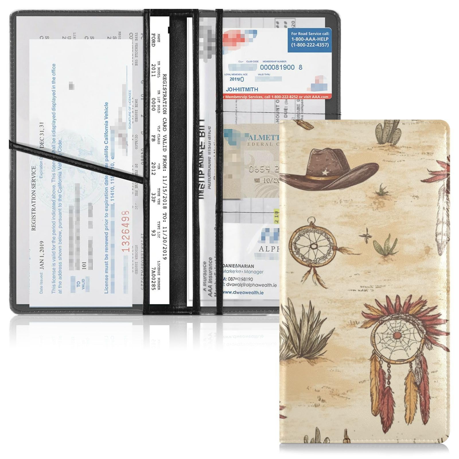 Premium Leather Auto Registration Insurance & ID Card Holder Men Women Auto Truck Comparment Accessories Case for Driver Auto Owners Trailer Motorcycle Boat Western Cowboy Dream Catchers Indian