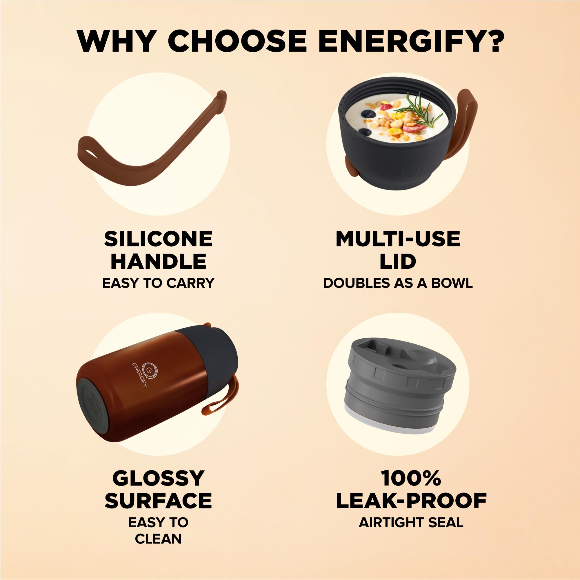 ENERGIFY Izolowany próżniowo słoik na żywność, szeroki otwór, 680 ml, termos na zupę ze składaną łyżeczką, termiczne pojemniki na lunch dla dzieci i dorosłych, szczelny termos ze stali nierdzewnej do