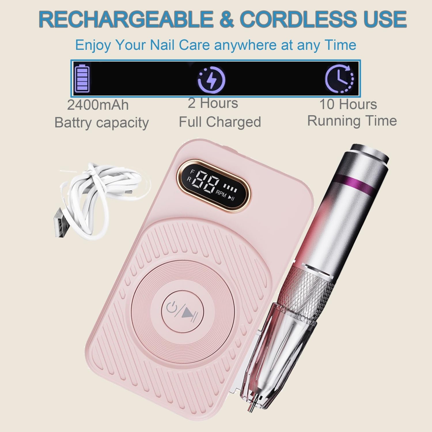 Fresa per Unghie Professionale, Lima Unghie Elettrica Portatile con Display LED e Funzione di Memoria, Kit Manicure Pedicure Ricaricabile a 45000 RPM per Salone, Casa-粉色