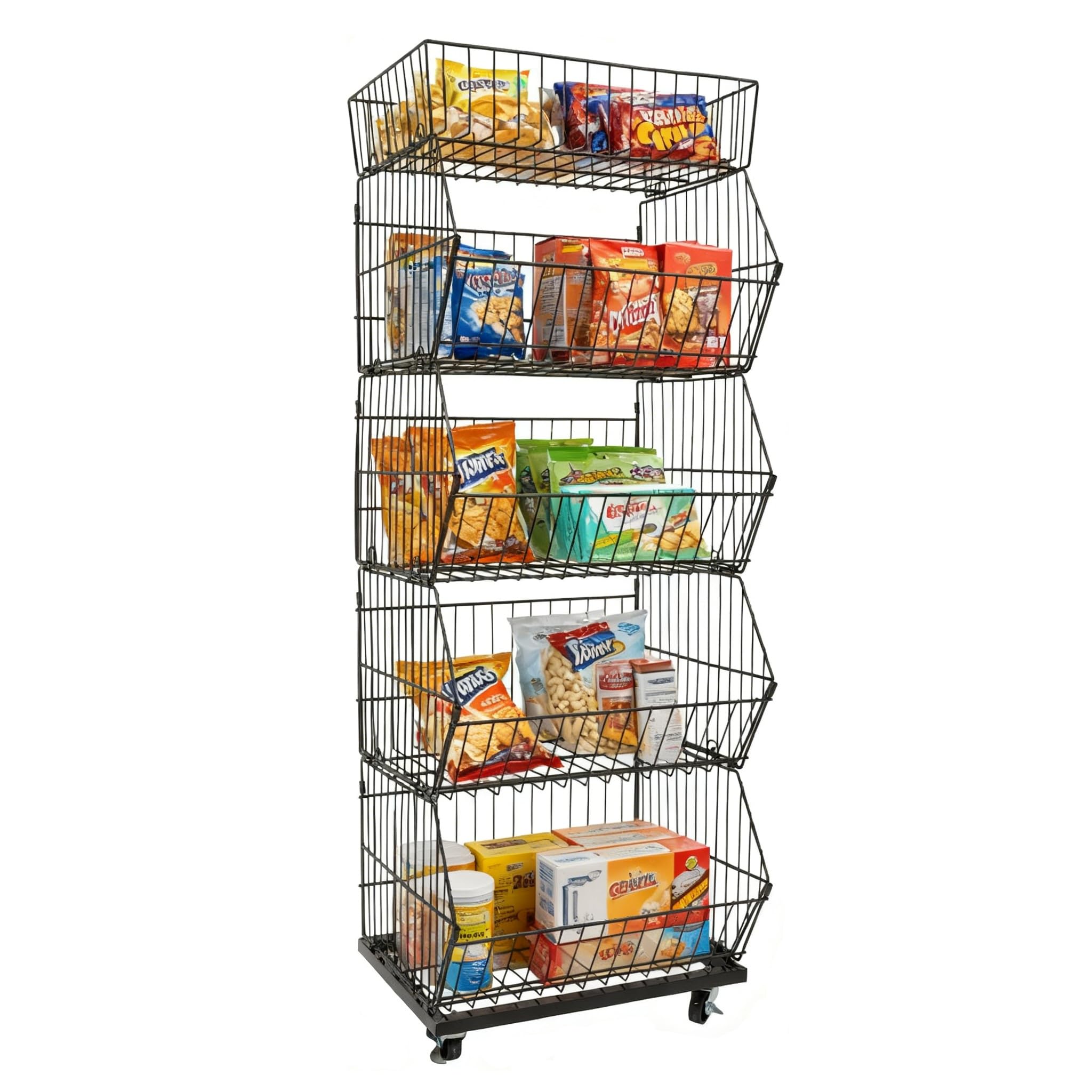 Chynalys Black 5-Tier Retail Display Stand Freestanding Metal Shelving Unit With Wheels, Crisp Storage & Snack Organiser, Market Stall Display For Snacks, Sweet, Fruit And Candy (Black)