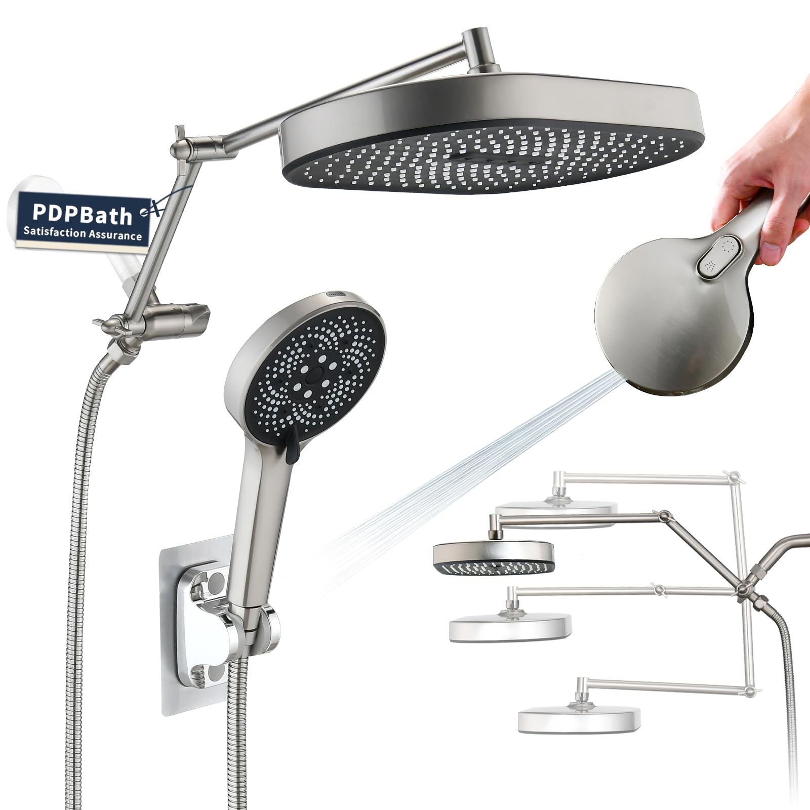 PDPBath 14 Inch Rain Shower Head with 5+1 Settings Handheld Spray Combo, High Pressure Rainfall Shower Head with 16'' Adjustable Extension Arm, 79"