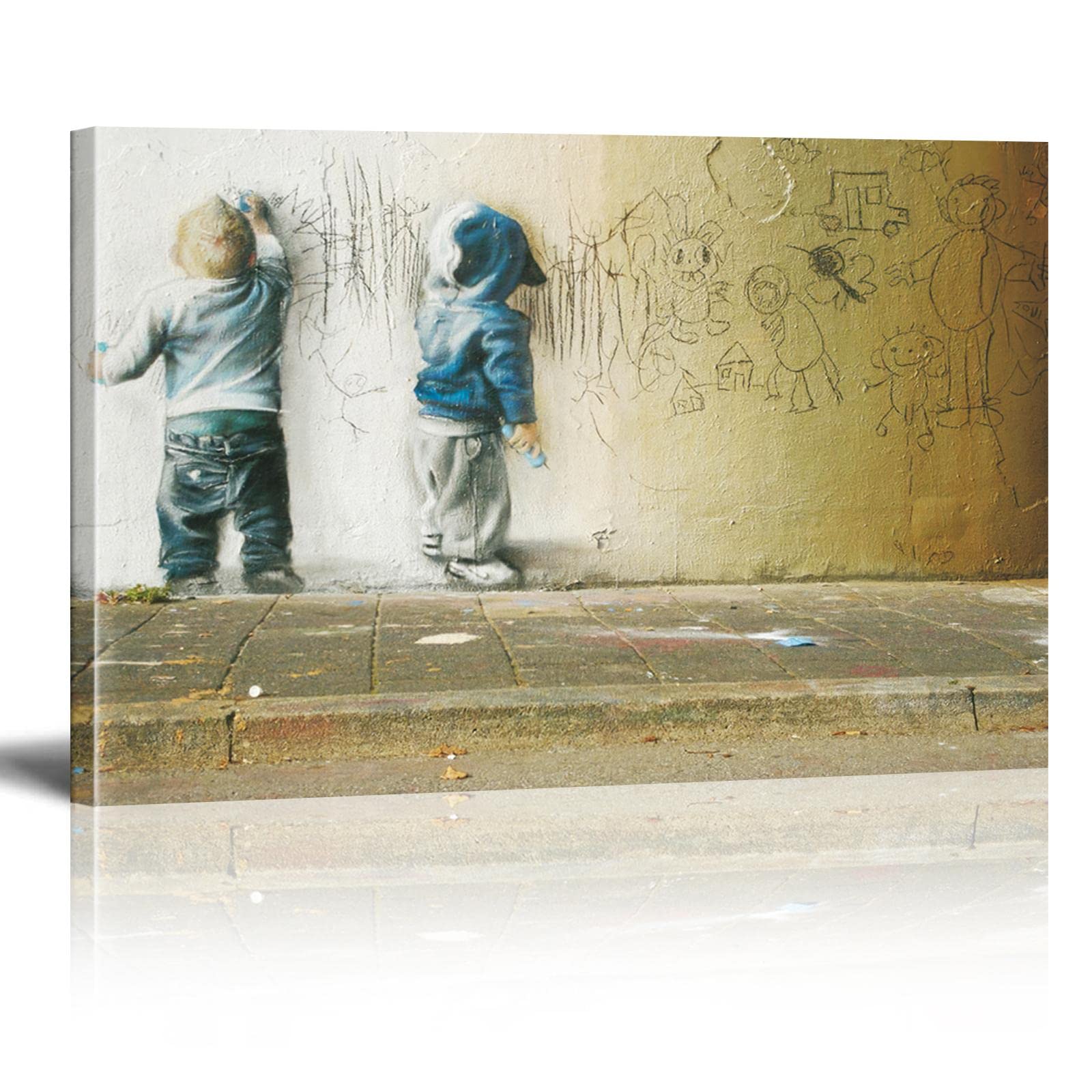 XIANGPEIFBH Two Child Banksy Graffiti Street Art Decor- Canvas Wall Art Framed Canvas Prints Home Artwork Ready to Hang for Living Room Bedroom Decor 80x140cm(32x55in) With Frame