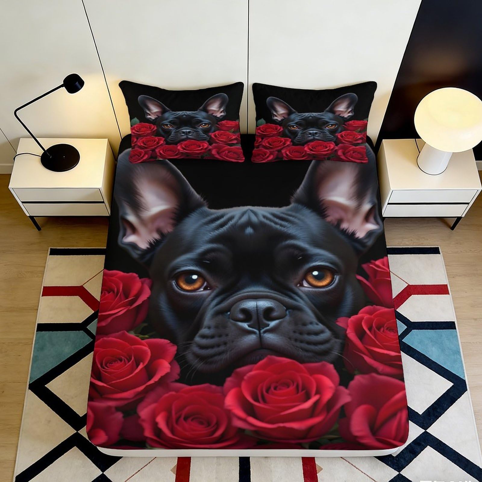 3D Printed Black French Bulldog Fitted Sheet Microfiber Red Rose Bed Cover for Bedroom Guest Room Easy Care Decor 90x200x25cm