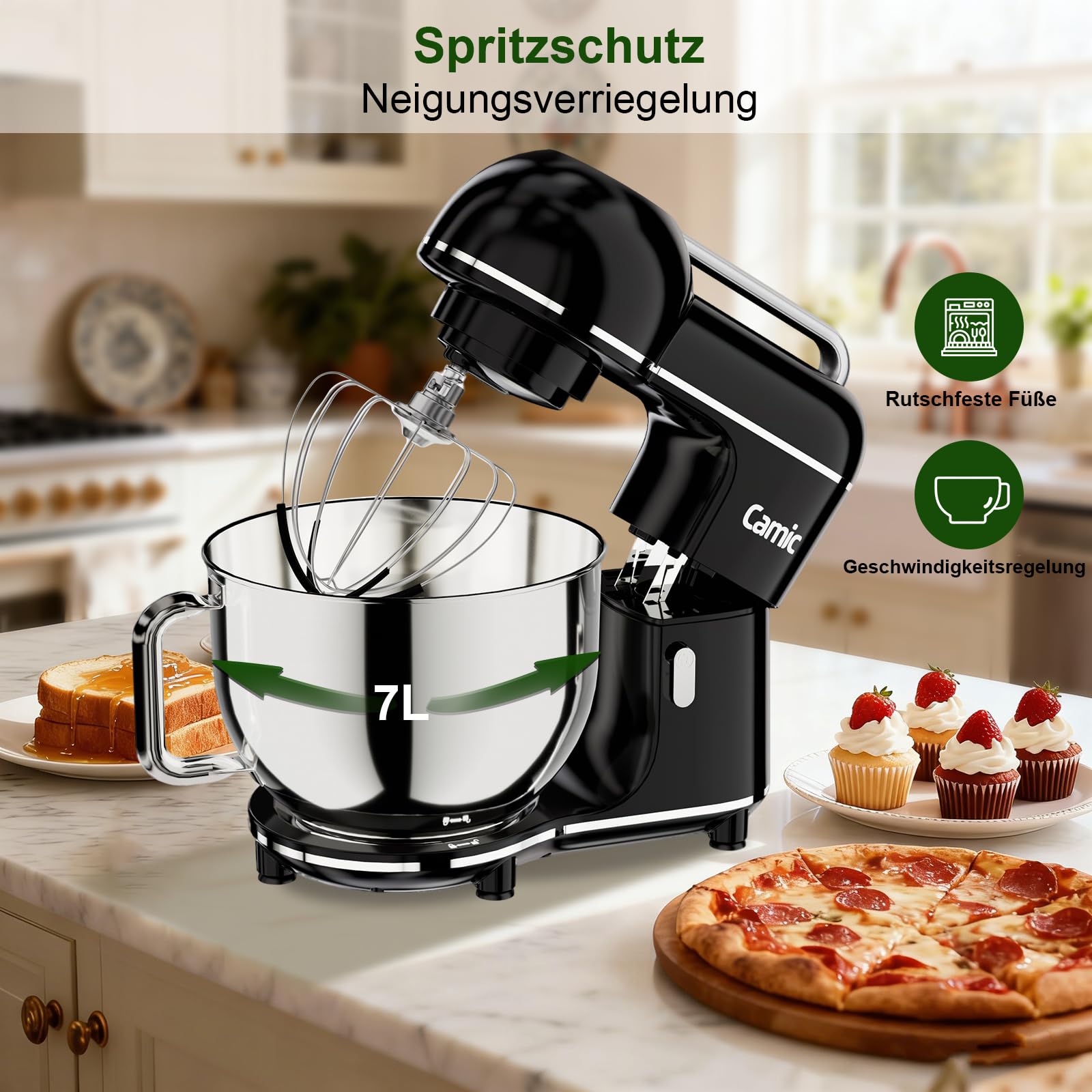 Camic Küchenmaschine - 2000W - Teigmaschine 10 Stufen mit Tragegriff, Edelstahl Rührschüssel (7L), Knetmaschine mit Rührhaken, Knethaken, Schlagbesen und Spritzschutz
