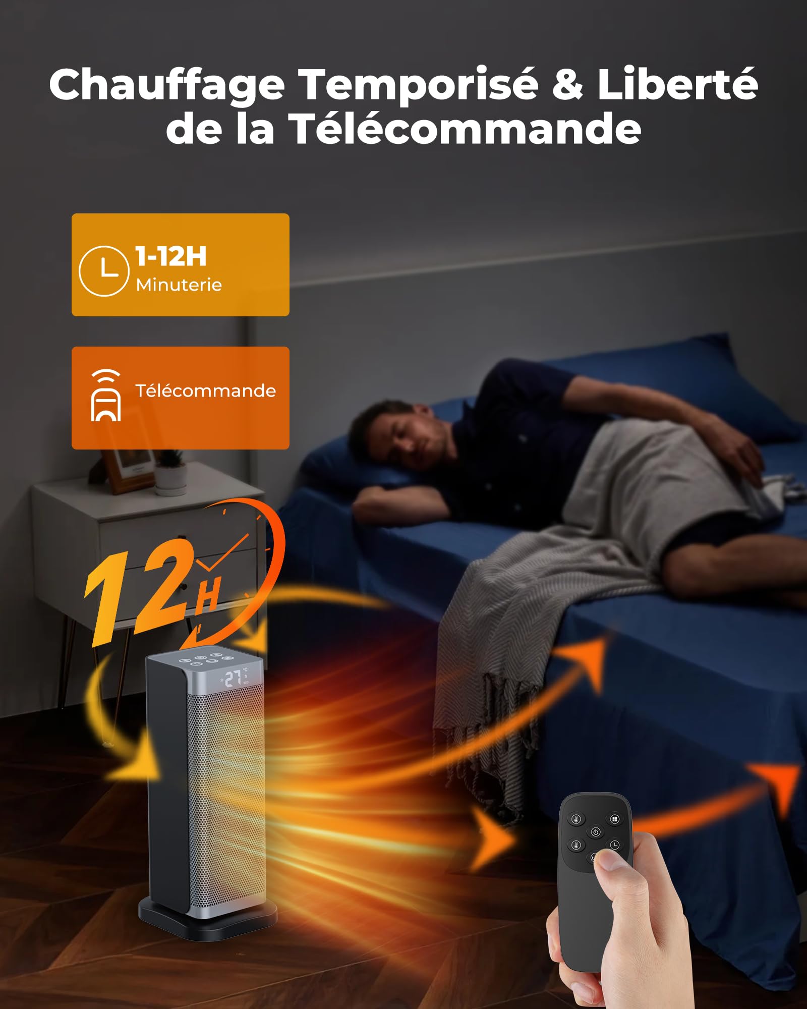 Chauffage d'appoint Économe Argent - 2000W PTC Céramique Silencieux, 3 Niveaux de Puissance, Télécommande, Sécurité Anti-chute et Surchauffe, Chauffage Électrique pour Chambre/Salon/Bureaur