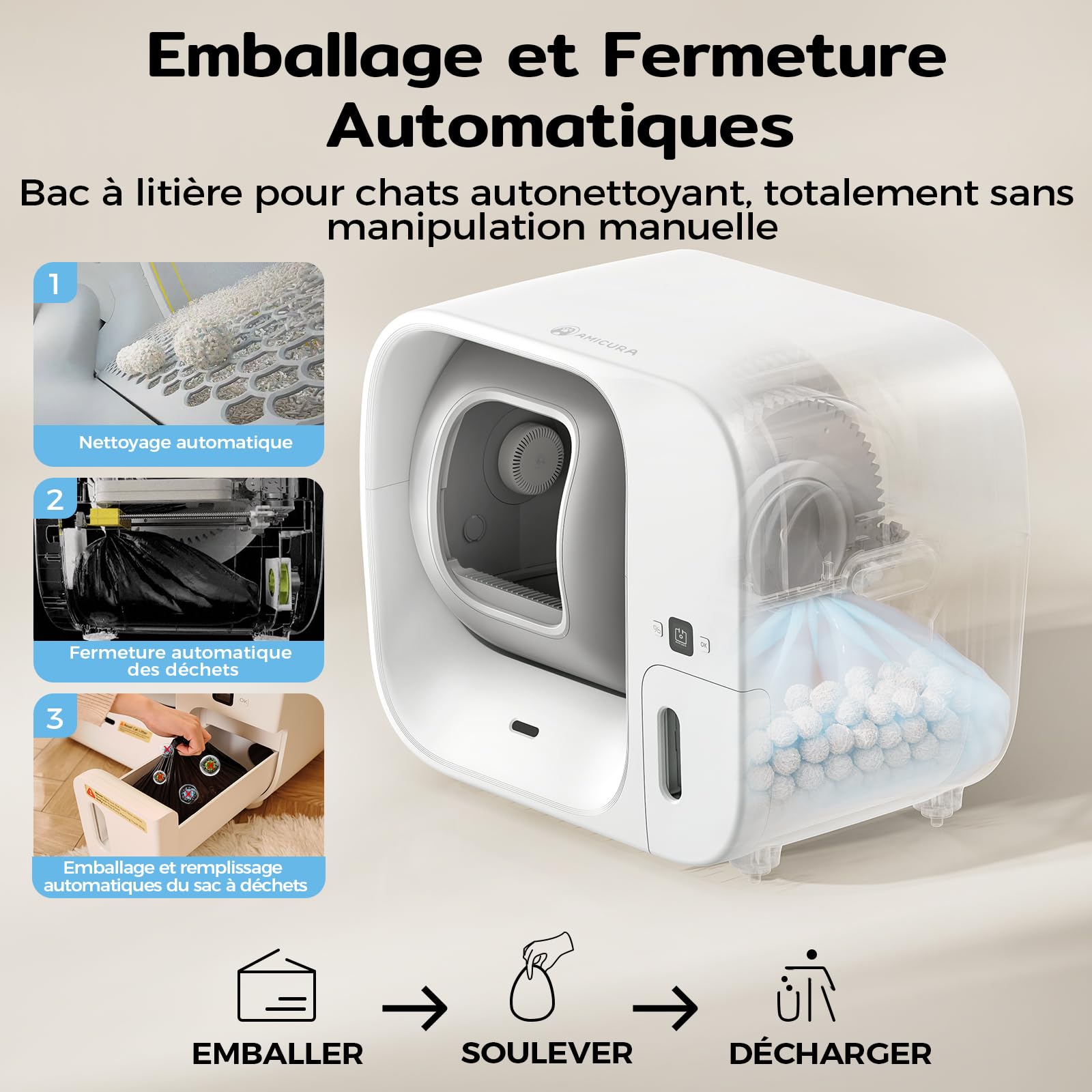 Amicura Cura3 Litiere Chat Autonettoyante Bac à Litter Automatic Sécurité TÜV Anti-Pincement Contrôle APP Anti-Odeur Anti-Fuites
