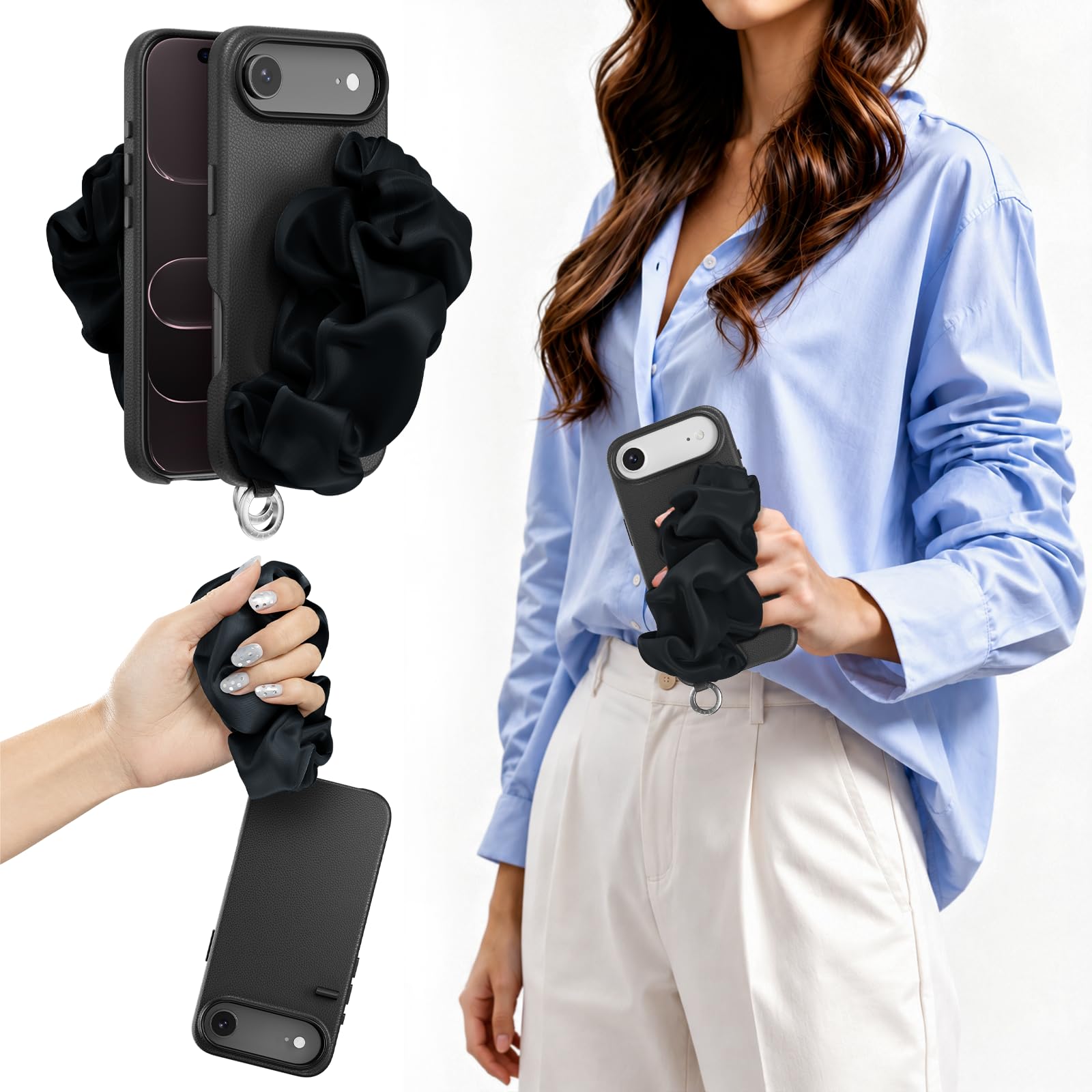 MAGEASY Funda diseñada para Phone 17 Air con correa de muñeca y trabilla para los dedos, pulsera tipo bufanda, cuero de primera calidad, compatible con MagSafe, protección contra caídas de grado