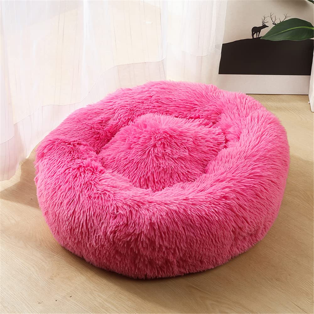 Lukery Dog Cat Donut Bed, Fluffy Plush Puppy Kitten Cuddler Round Bed, Warm and Soft Pet Cosy Anti Anxiety Beds for Small/Medium/Large Dogs (80CM,Dark pink)