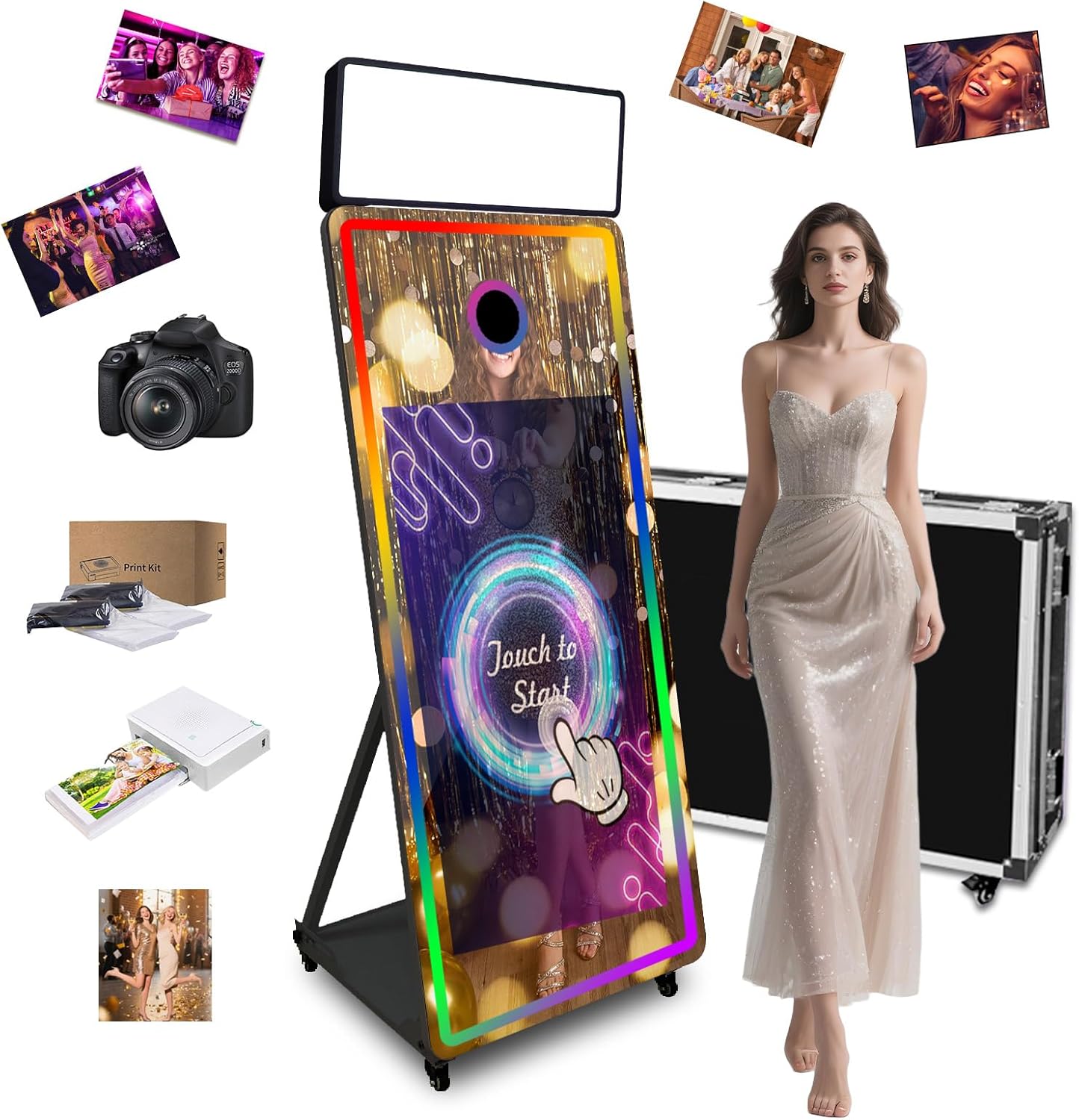 65in Portable Magic Mirror Photo Booth,43in Touch Screen Mirror Photo Booth with Square Light and RGB Light,Selfie Photo Booth with Flight Case (Black, 65 inch(43''Screen)+Camera+Mini Printer)
