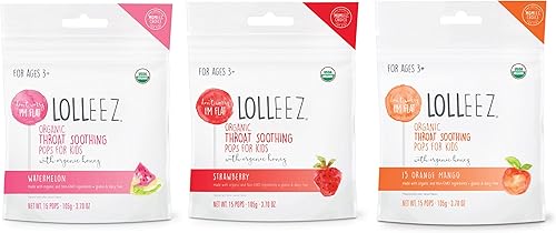 Lolleez Paletas orgánicas calmantes para el dolor de garganta y la tos con miel para niños, paquete de 15 unidades, sandía, fresa, naranja y mango