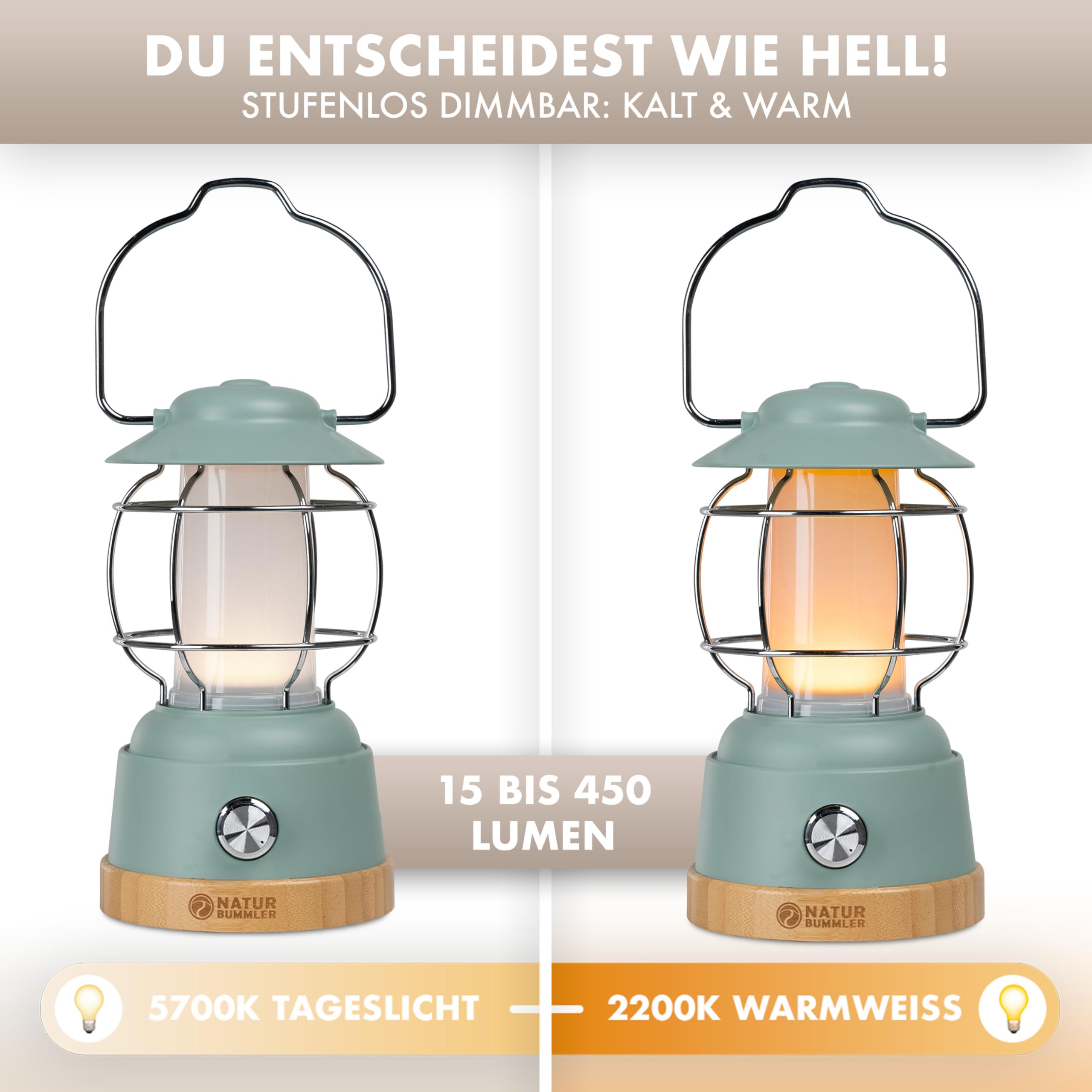 NATURBUMMLER Campinglampe aufladbar mit Powerbank [LUX Secure+] IPX4 wasserdicht & dimmbar – 5200 mAh Akku mit 200h Leuchtkraft für gemütliche Abende – LED Zeltlampe Campinglicht Outdoor