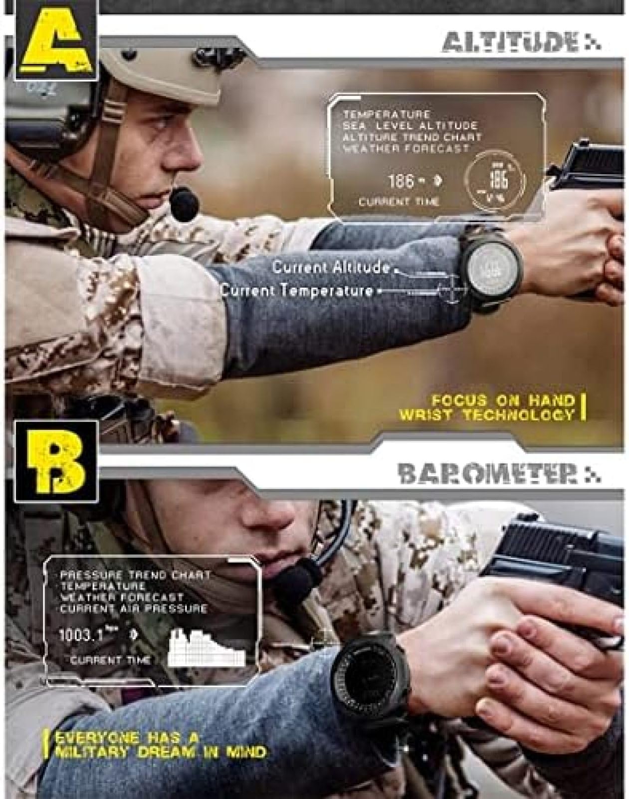 Męski inteligentny zegarek 50M Wodoodporny zegarek Krokomierz Zegarek sportowy Zegarek do biegania Alpinizm Pływanie Kompas Wysokościomierz Barometr Cyfrowy zegarek, I